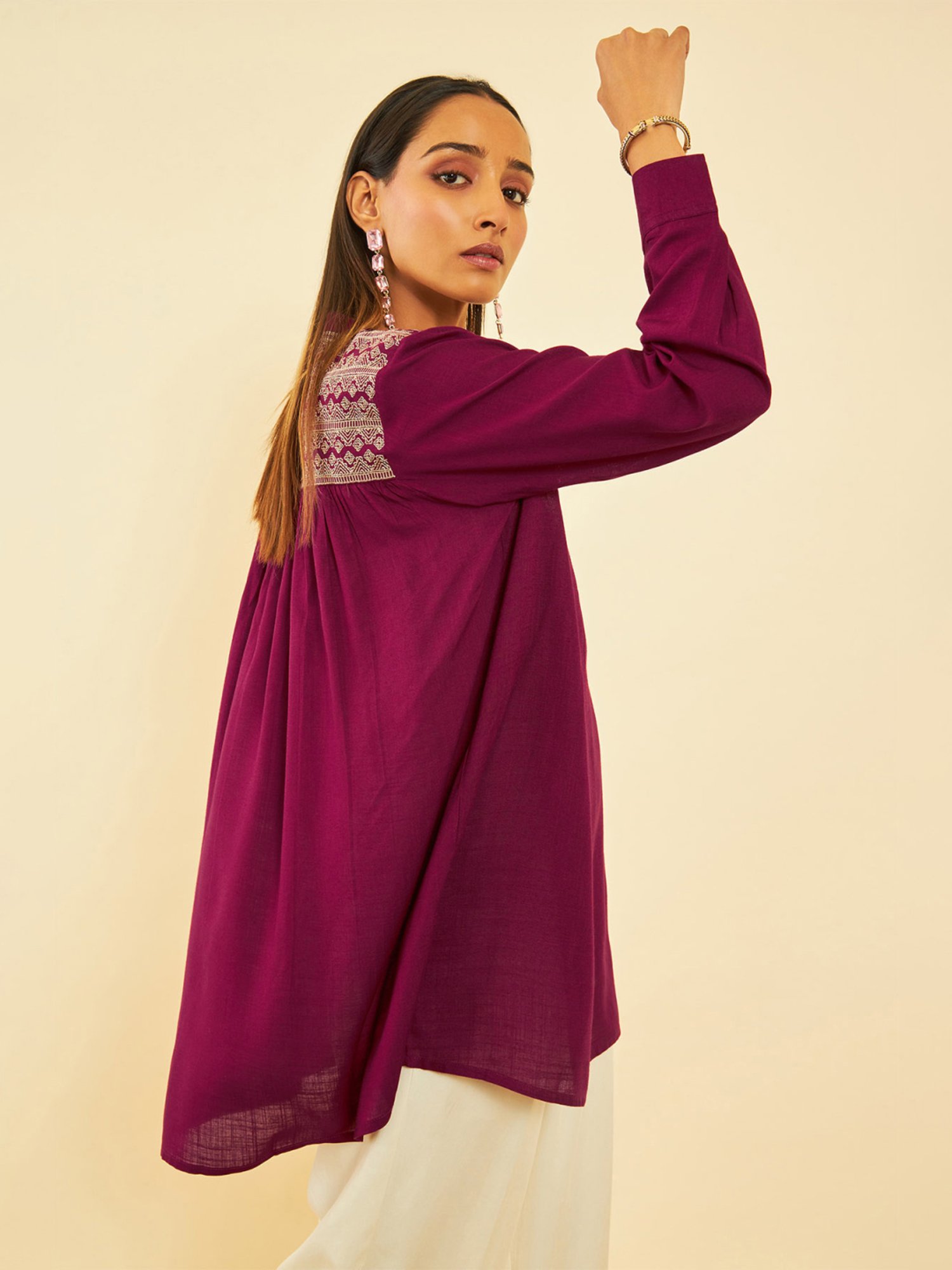 Soch Womens Wine Rayon Slub Embroidered Alia-Cut Tunic