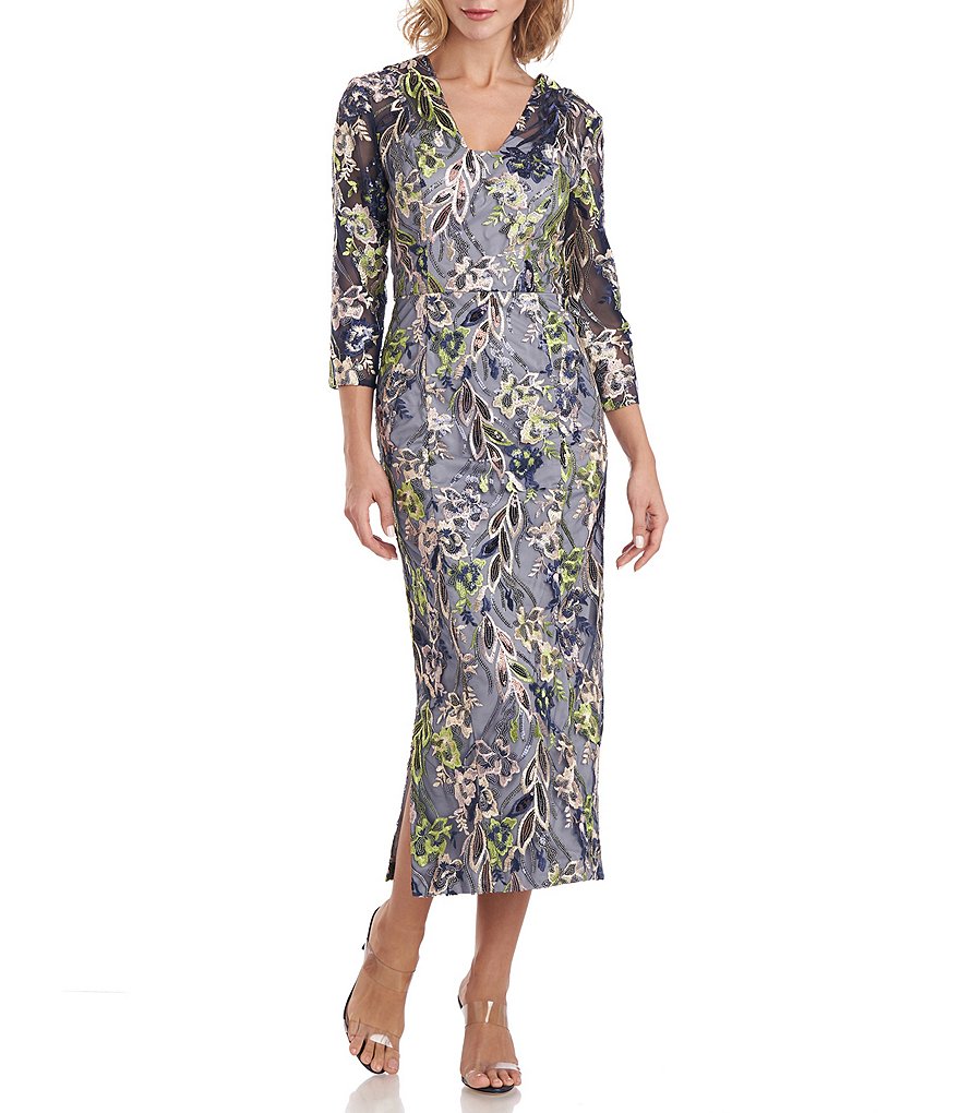 JS Collections V-Neck 3/4 Sleeve Floral Sequin Mesh Midi Dress