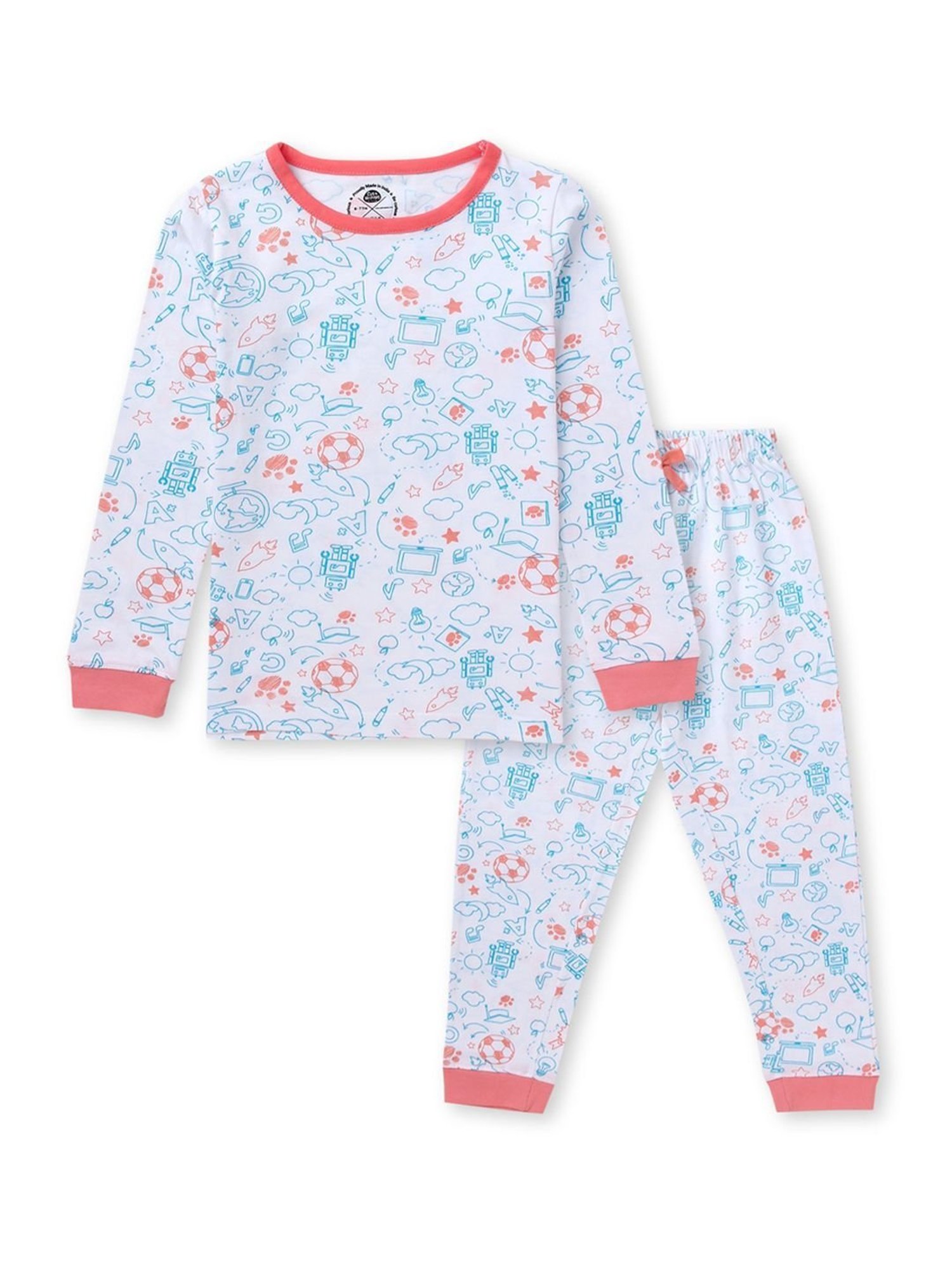 Cub McPaws Girls Off-White & Blue Cotton Printed Full Sleeves T-Shirt Set