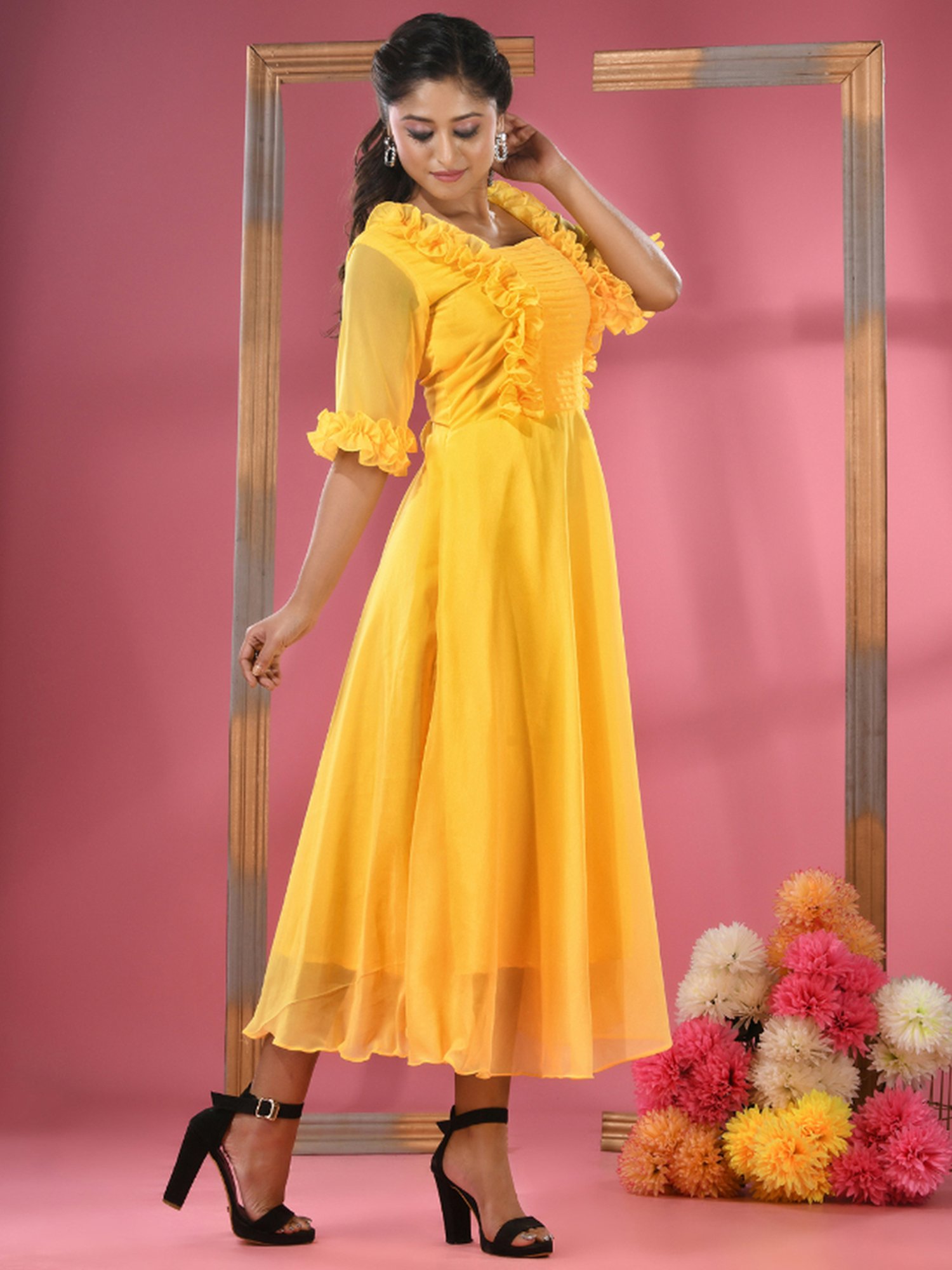 Saffron Threads Black Cotton Floral Print Ethnic Dress