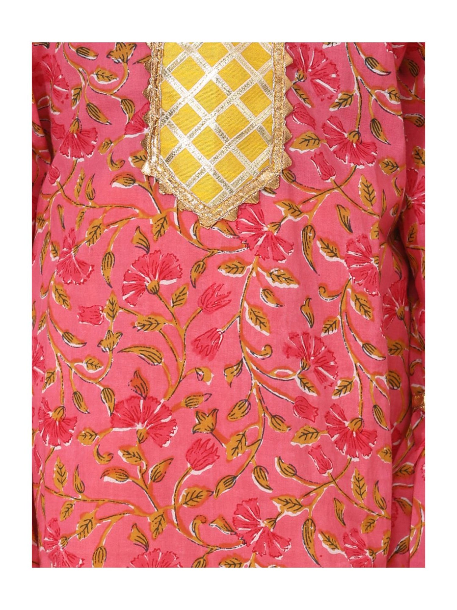 BownBee Kids Yellow & Pink Cotton Printed Kurti & Palazzos