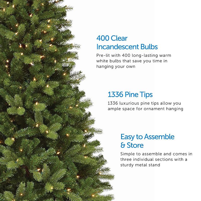 NOMA CTI1515597 7-Foot Durand Pine Artificial Pre-Lit Holiday Christmas Tree with 400 Warm White LED Lights, 1,336 Branch Tips, & Metal Stand, Green