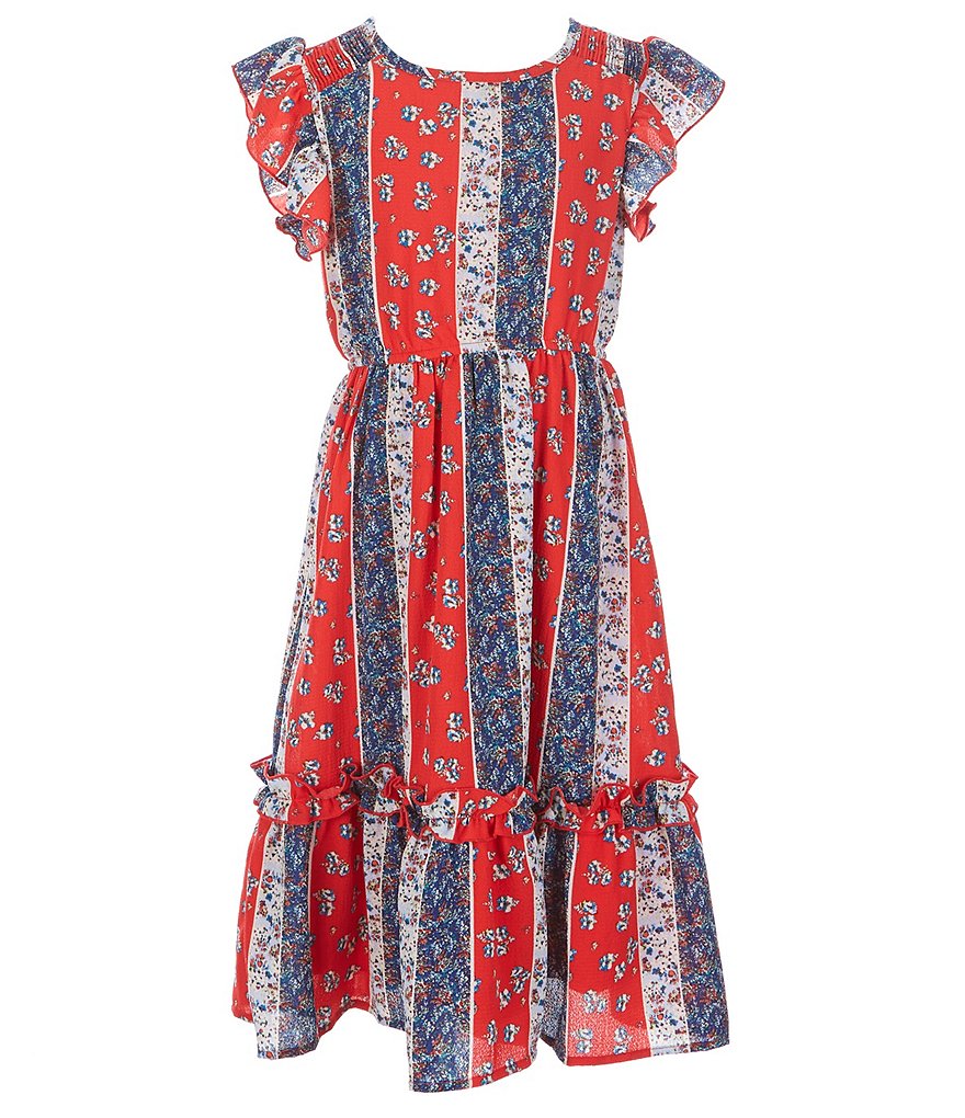 Xtraordinary Big Girls 7-16 Flutter-Sleeve Ditsy Floral/Stripe Fit-And-Flare Dress