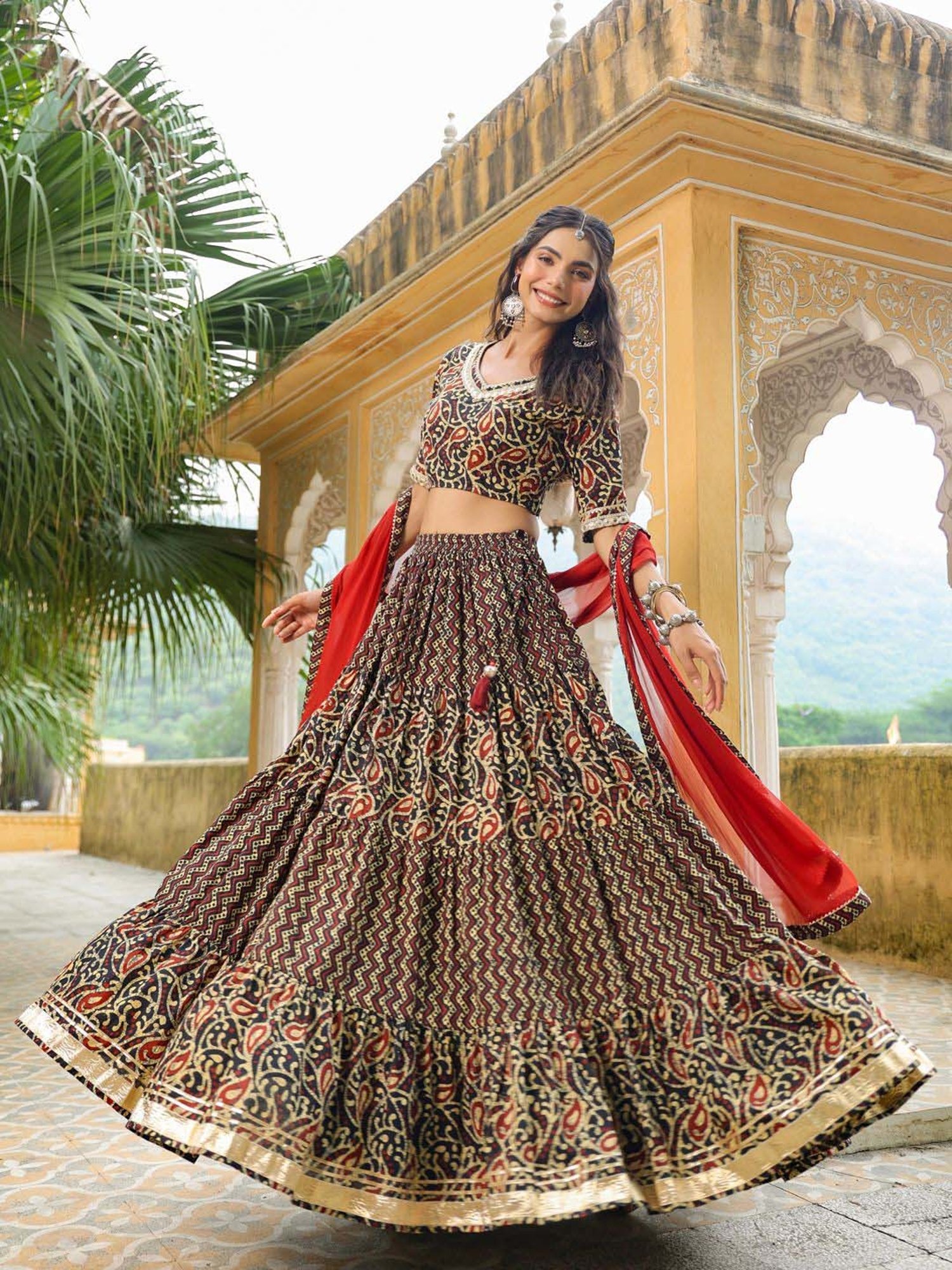 Janasya Black Cotton Printed Lehenga Choli Set With Dupatta