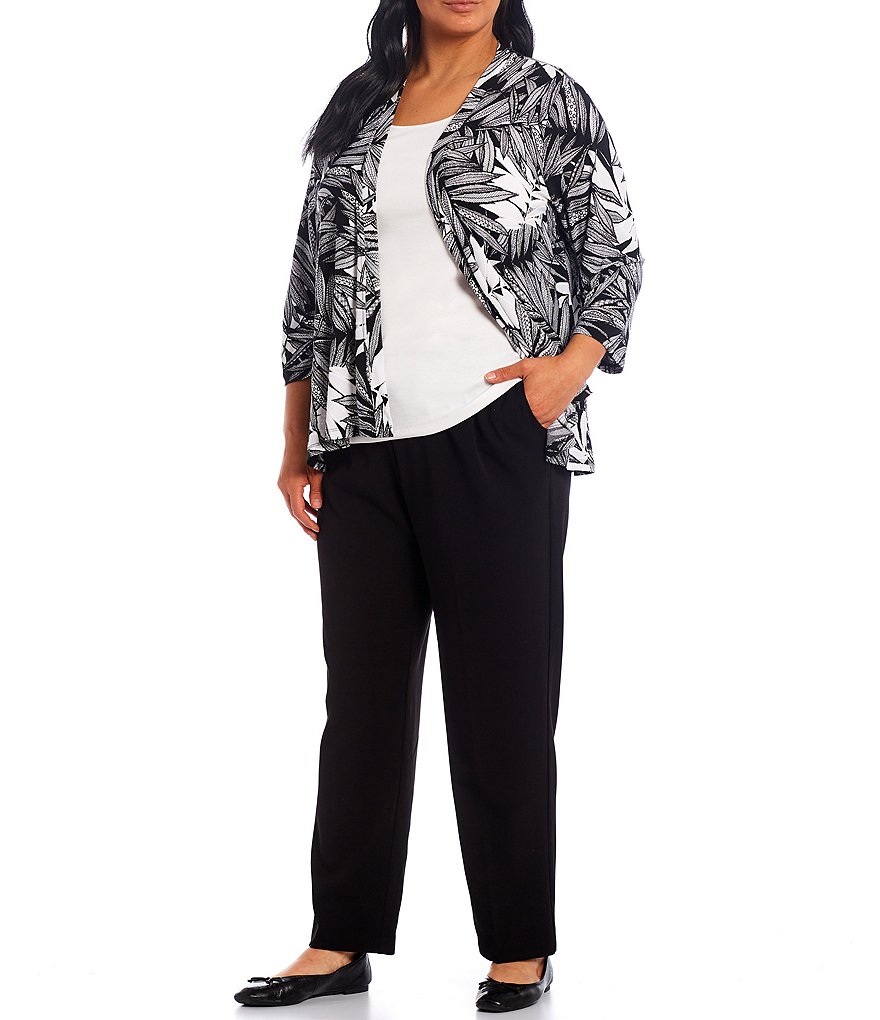 Allison Daley Plus Size Tribal Palm Puff Print 3/4 Sleeve Drape Open-Front Cardigan