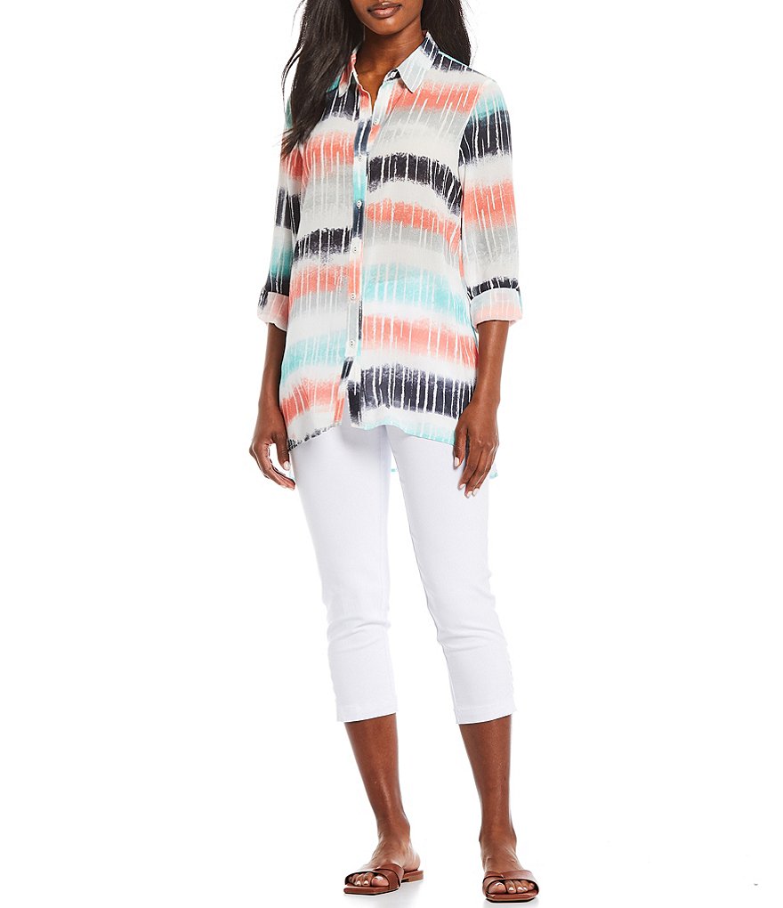 Multiples Ombre Stripe Crinkle Woven Roll-Tab Sleeve Hi-Low Button Down Shirt