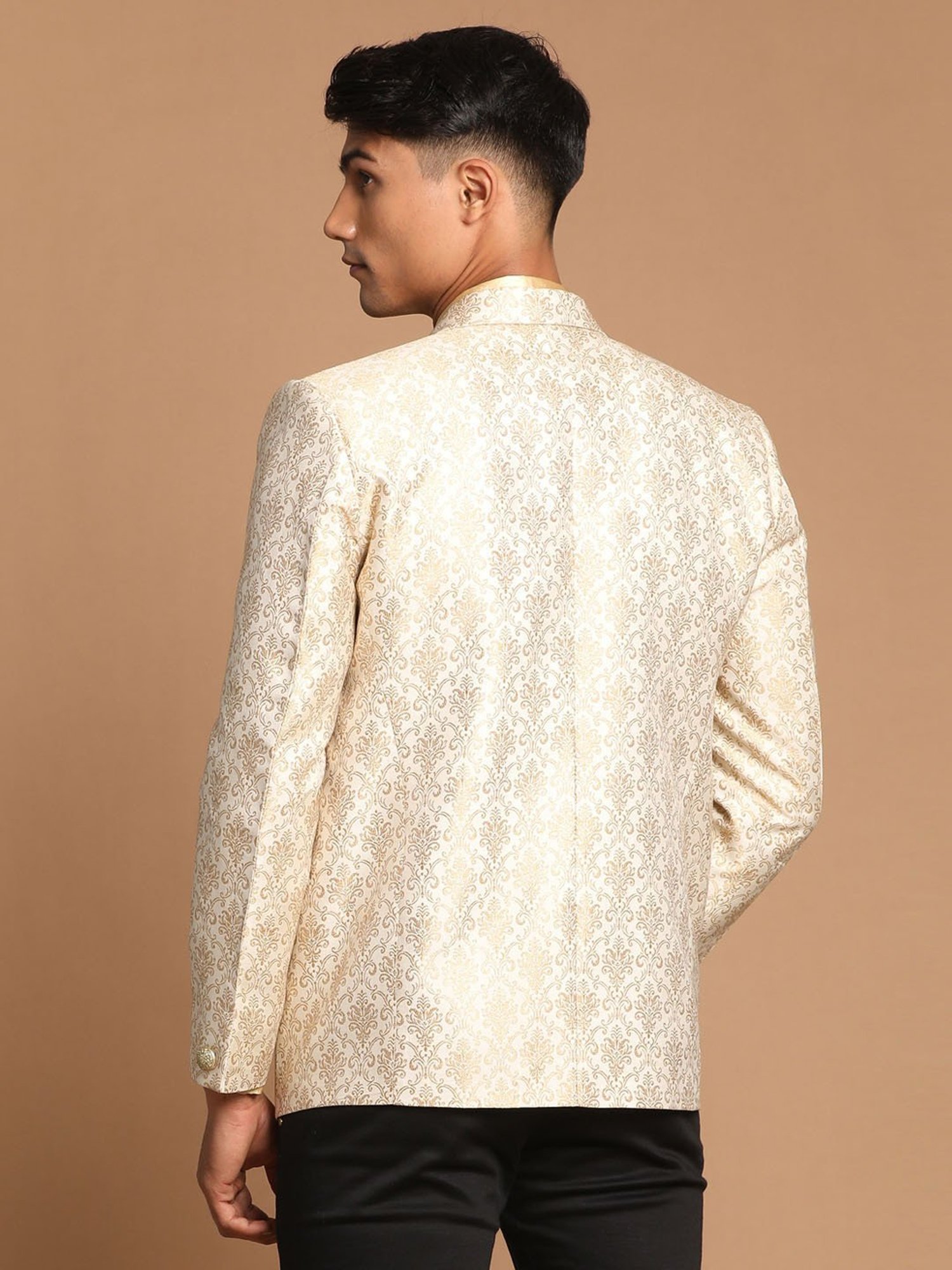 VASTRAMAY Gold & Beige Regular Fit Self Design Ethnic Blazer