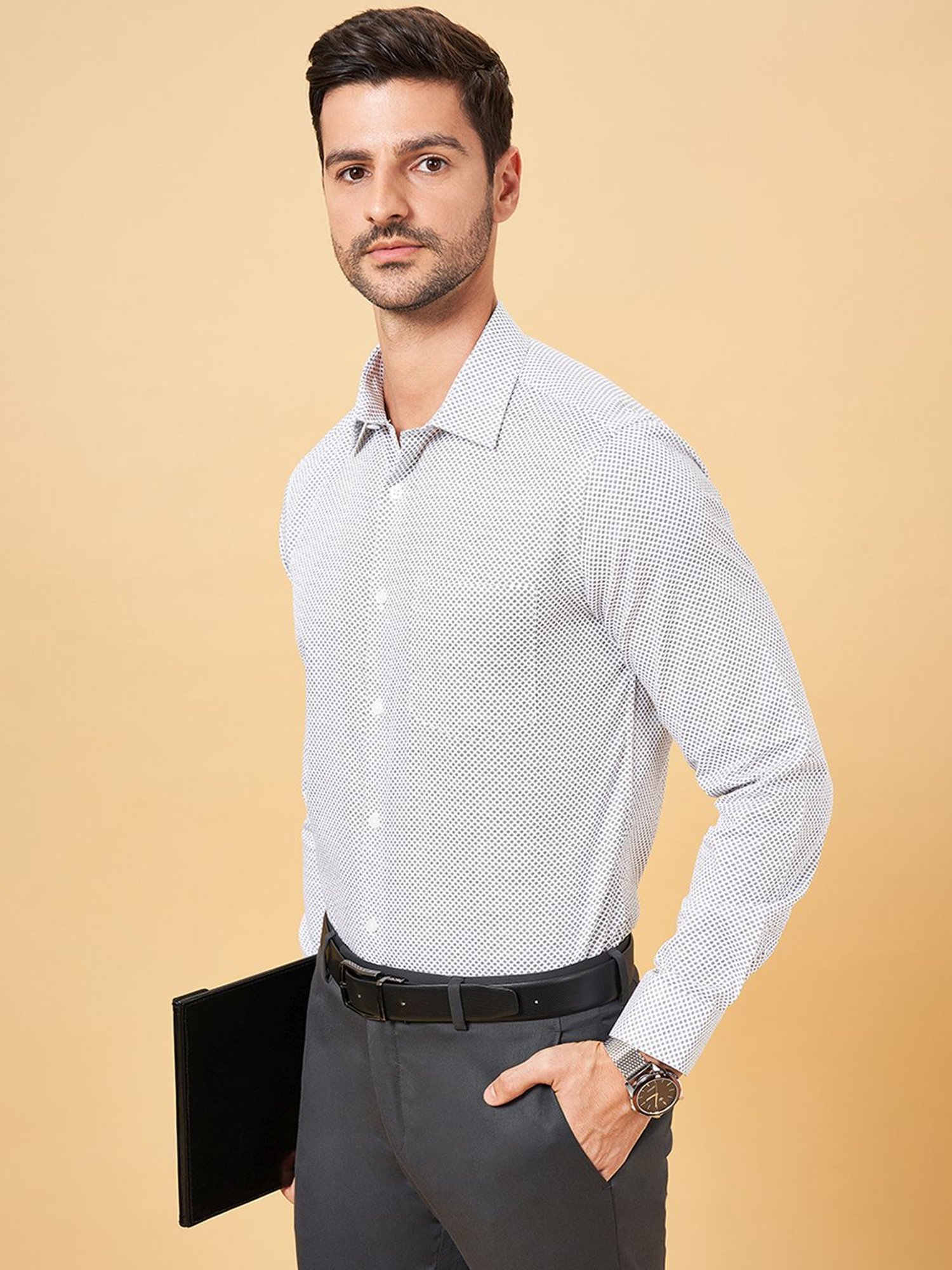 Peregrine by Pantaloons White Cotton Slim Fit Texture Shirt