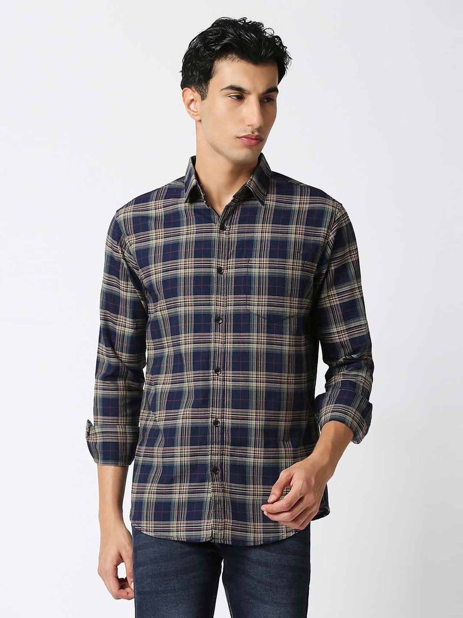 HJ HASASI Dark Blue Slim Fit Check Cotton Shirt