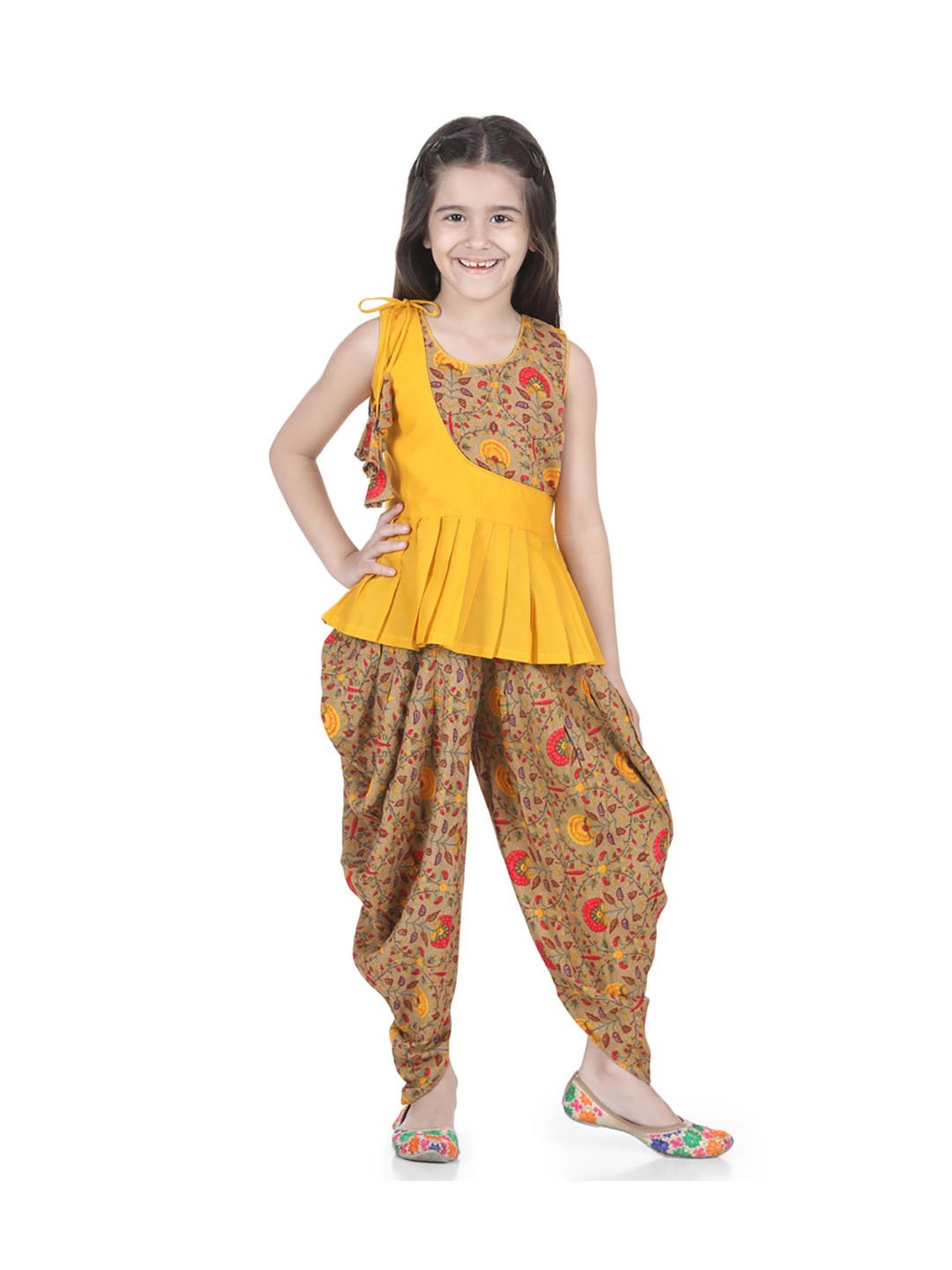 BownBee Kids Brown & Yellow Printed Kaftan with Dhoti