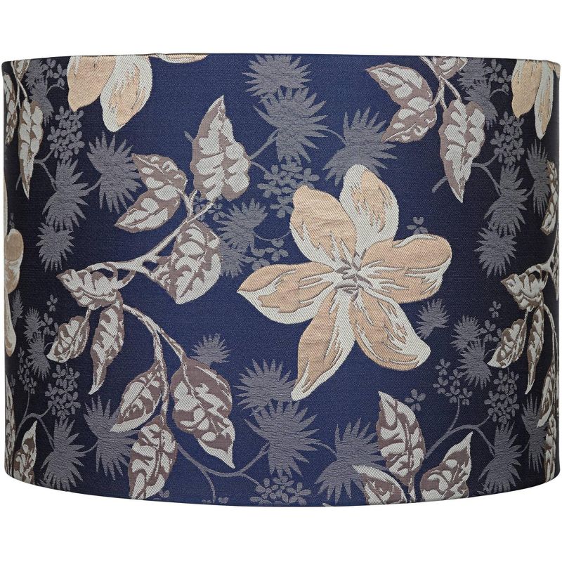 Springcrest Blue Leaves Print Medium Drum Lamp Shade 15" Top x 15" Bottom x 11" High (Spider) Replacement with Harp and Finial
