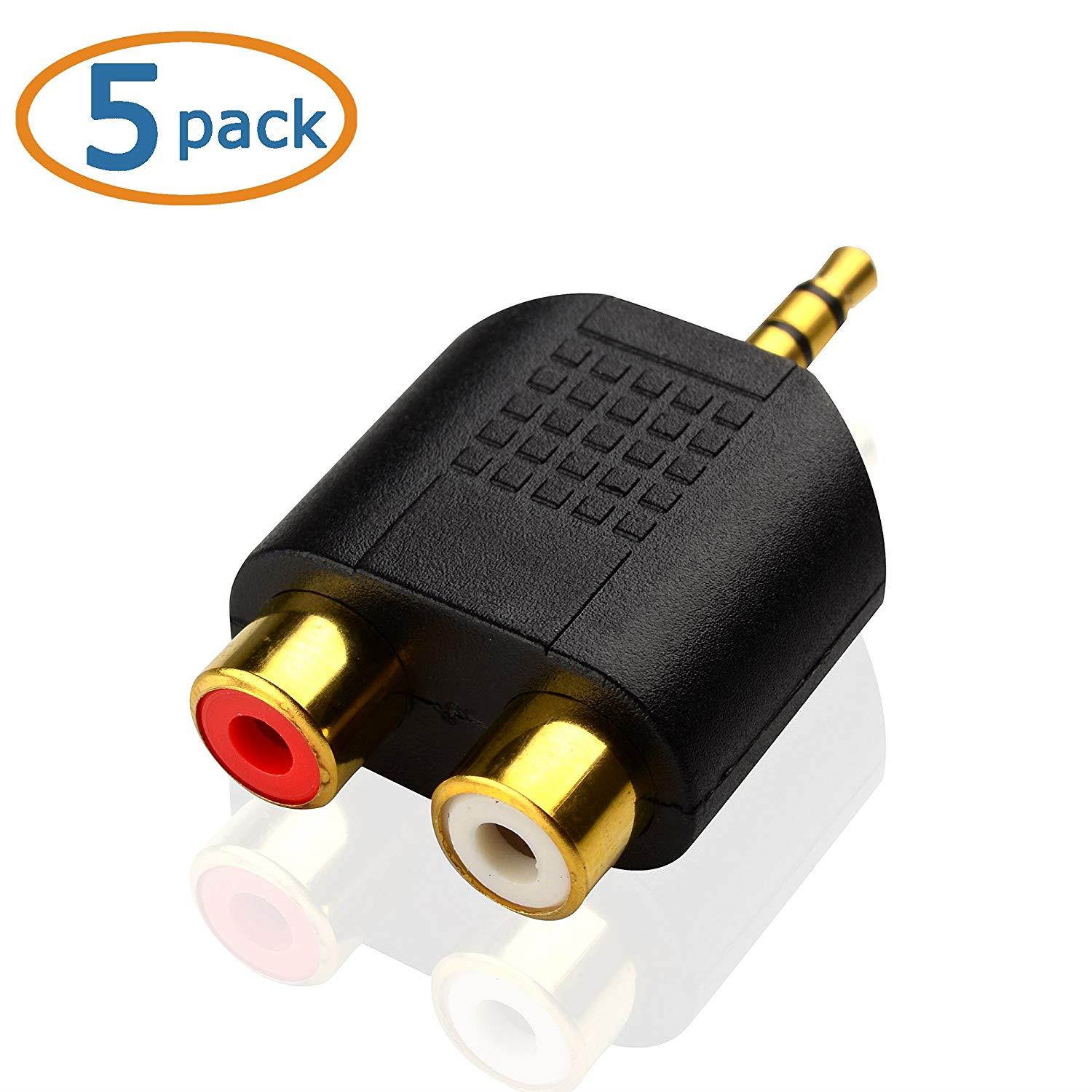 Cable Matters 5-Pack, Gold Plated 3.5mm Stereo to 2-RCA Male to Female Adapter