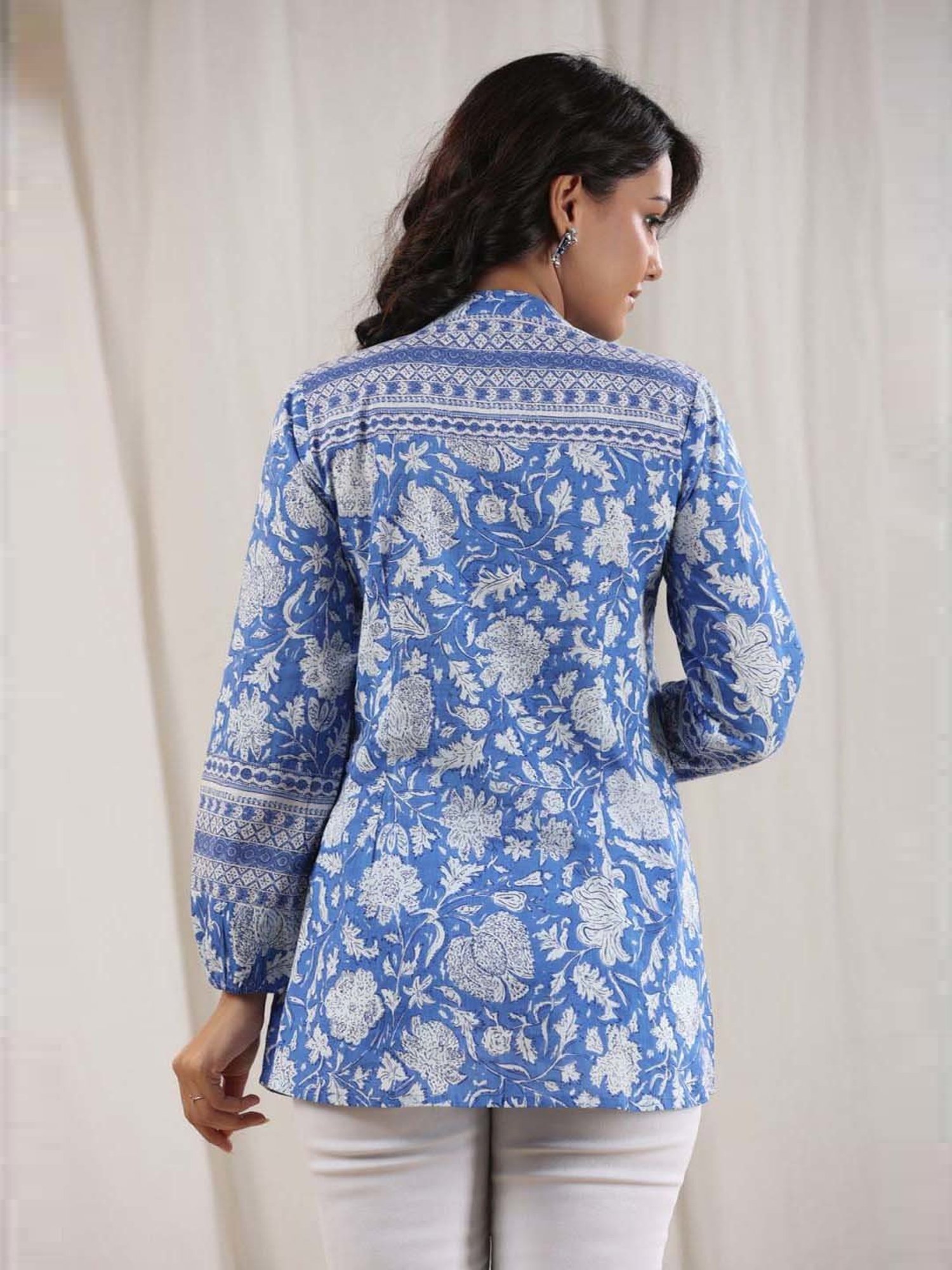 Rain and Rainbow Blue Cotton Floral Print Tunic