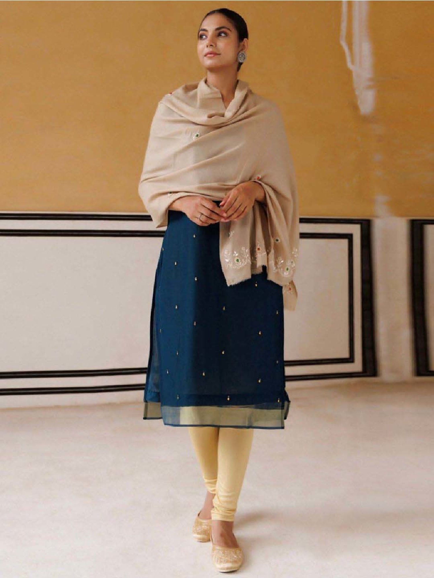 Geroo Jaipur Beige Hand Embroidered Gota Patti-Zardosi Woolen Shawl