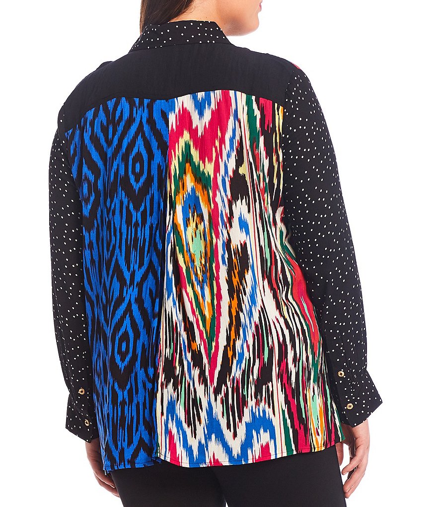 Calessa Plus Size Point Collar Neck Patchwork Mixed Print Roll Tab Long Sleeve Button Front Shirt