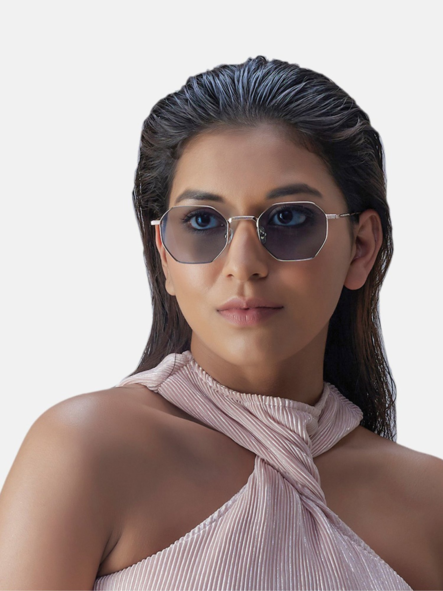 Shisen Fox Okita Light Gold-Light Blue hexagon Unisex UV Protection Sunglasses -51 mm