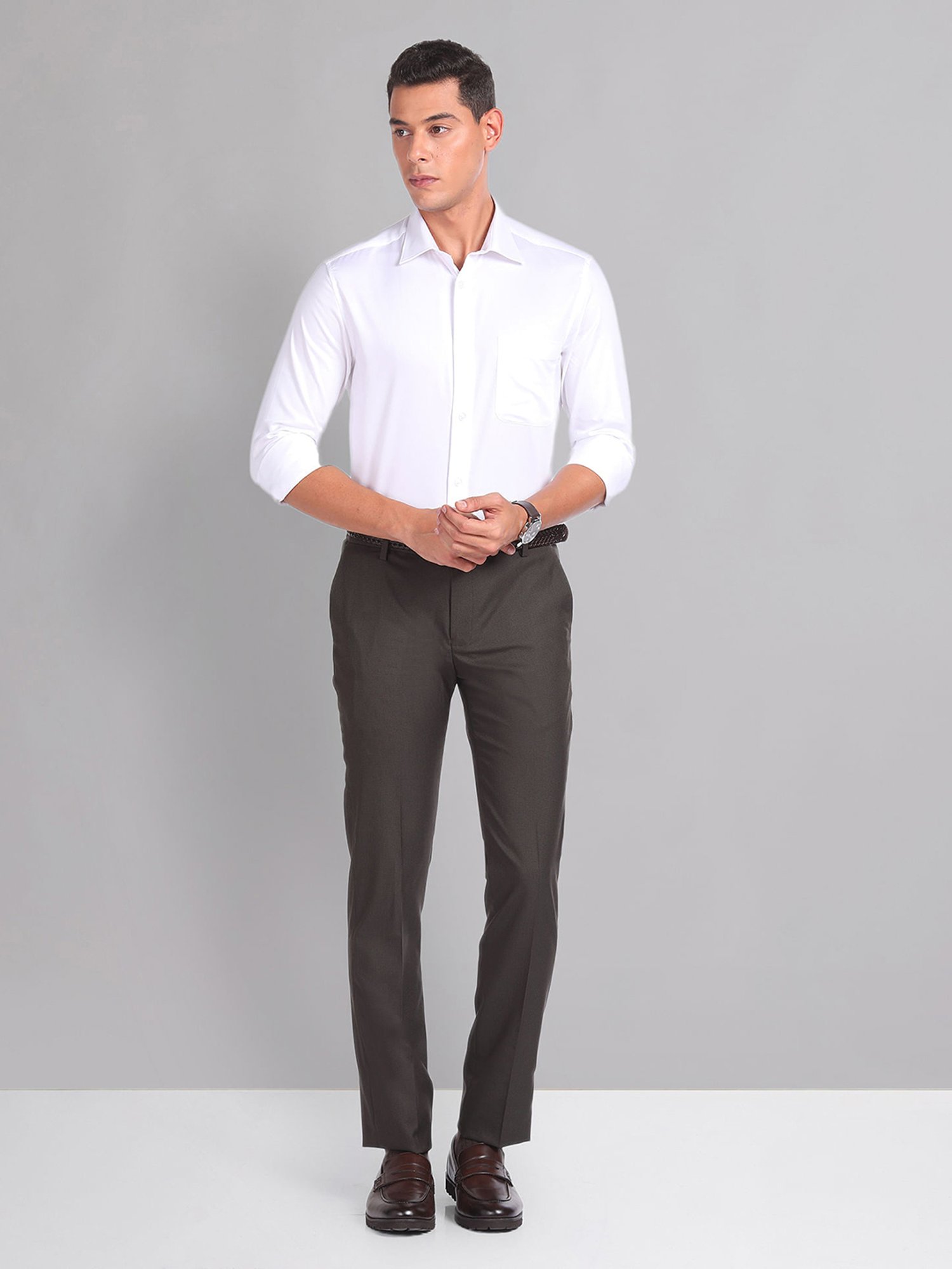 AD by Arvind Brown Slim Fit Flat Front Trousers