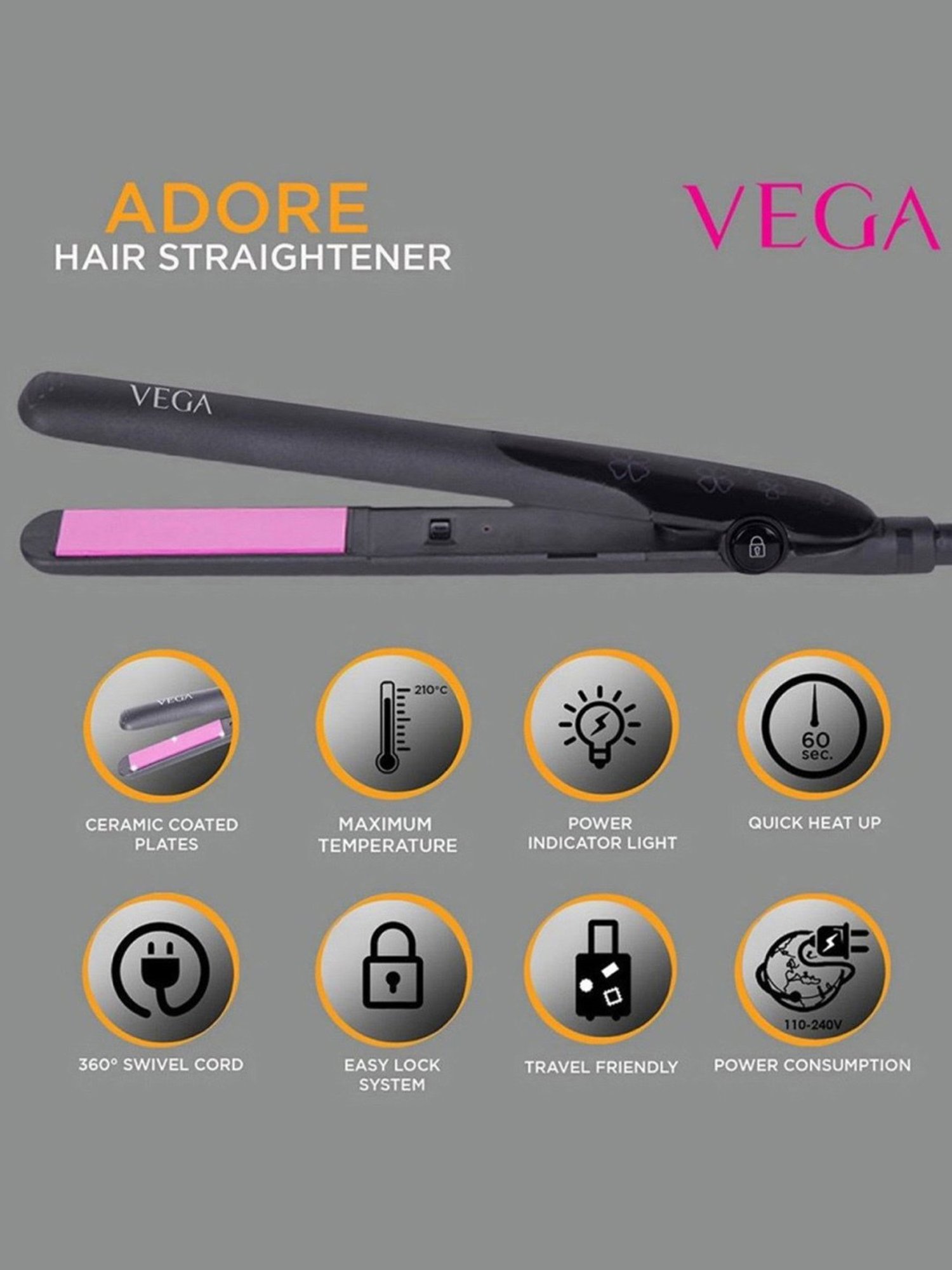 Vega X-Look Paddle VHSB-02 Straightening Brush & Adore VHSH-18 Hair Straightener Combo (Multicolor)