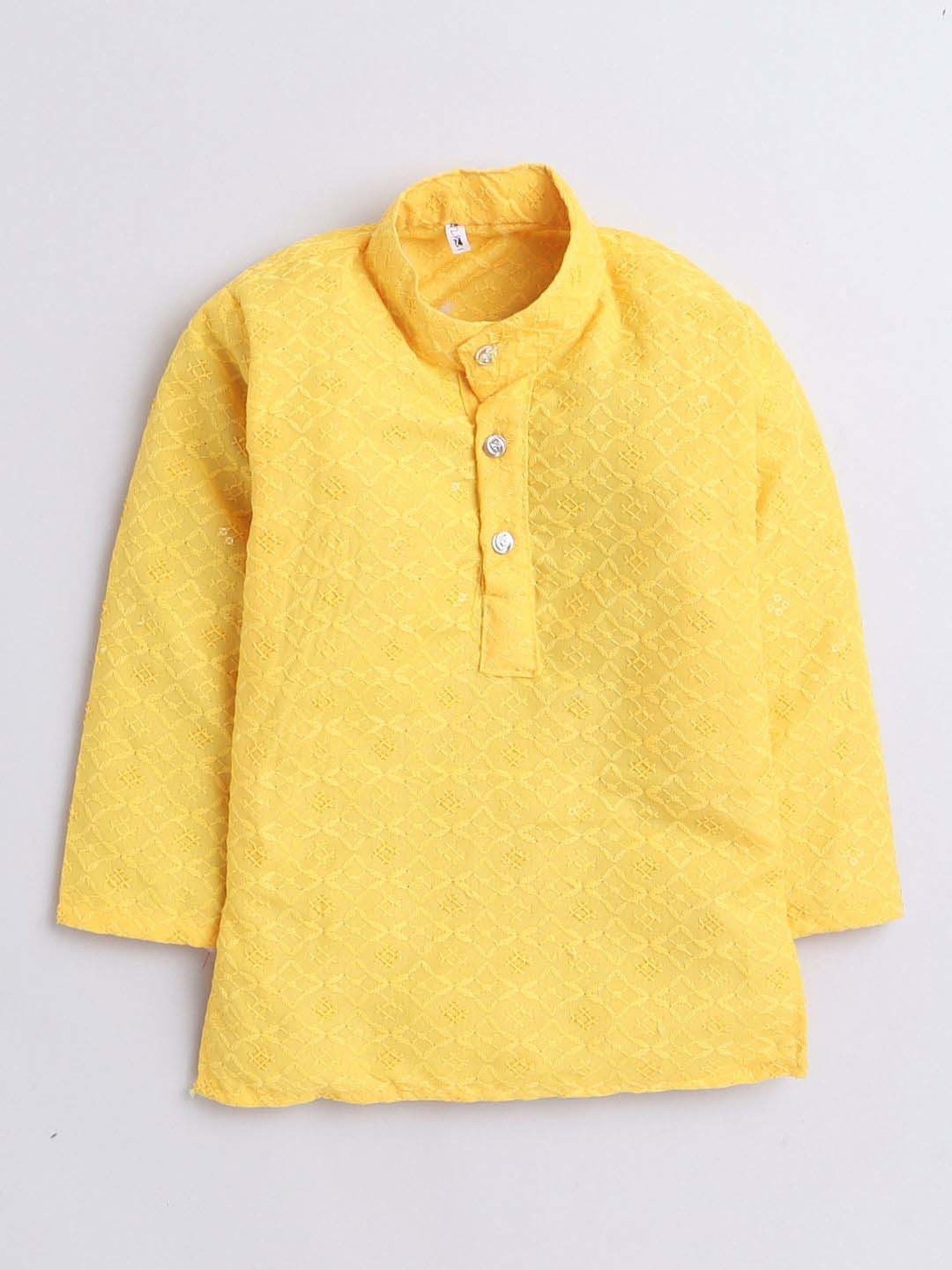 Fourfolds Boys Yellow Cotton Embroidery Full Sleeves Kurta Set