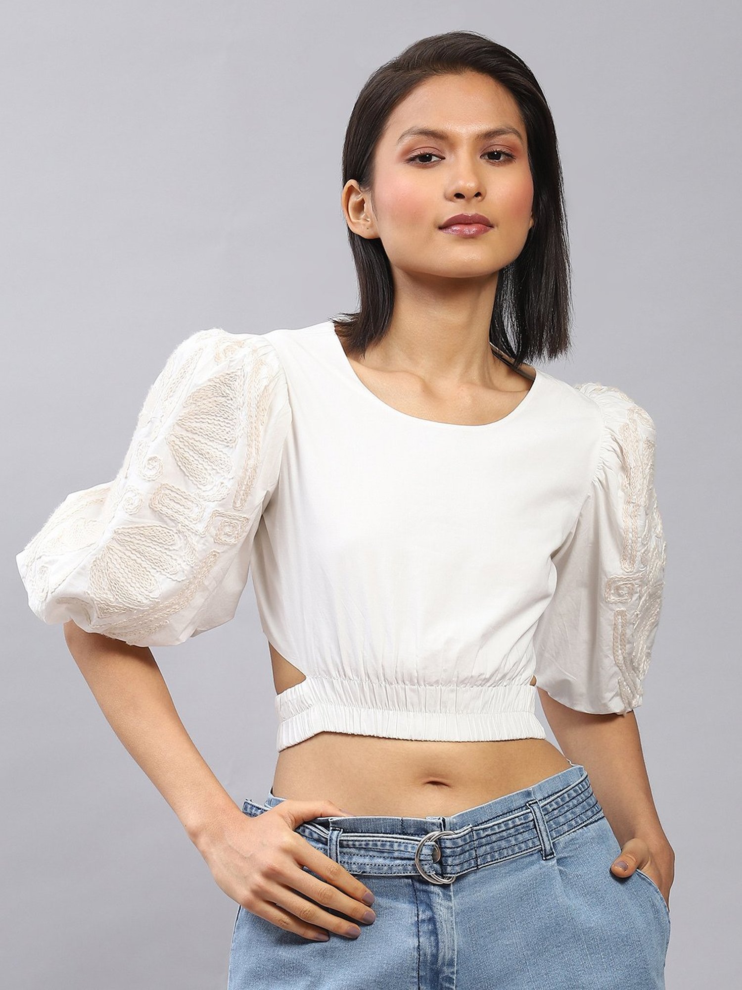 Label Ritu Kumar White Embroidered Crop Top