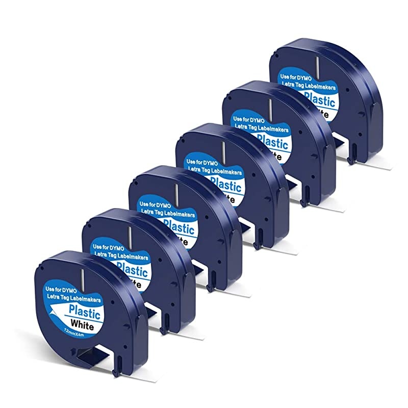 Compatible Label Tape Replace Dymo LetraTag Refills 91331 S0721660 Black on White Plastic Label Tape for Dymo LetraTag LT100H LT100T LT110T QX50 12 Inch x 13 Feet 6 Pack