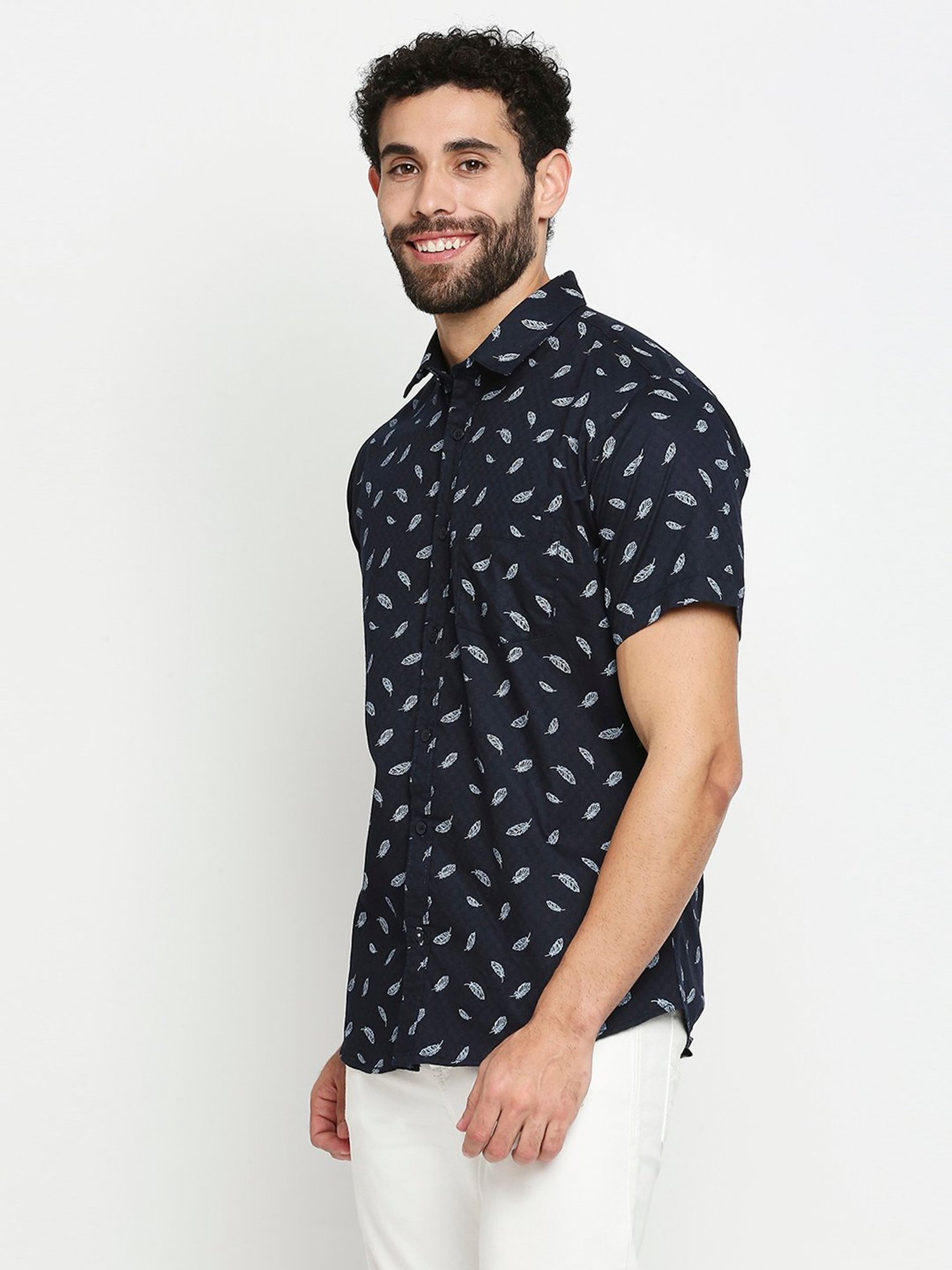SOLEMIO Navy Slim Fit Printed Cotton Shirt