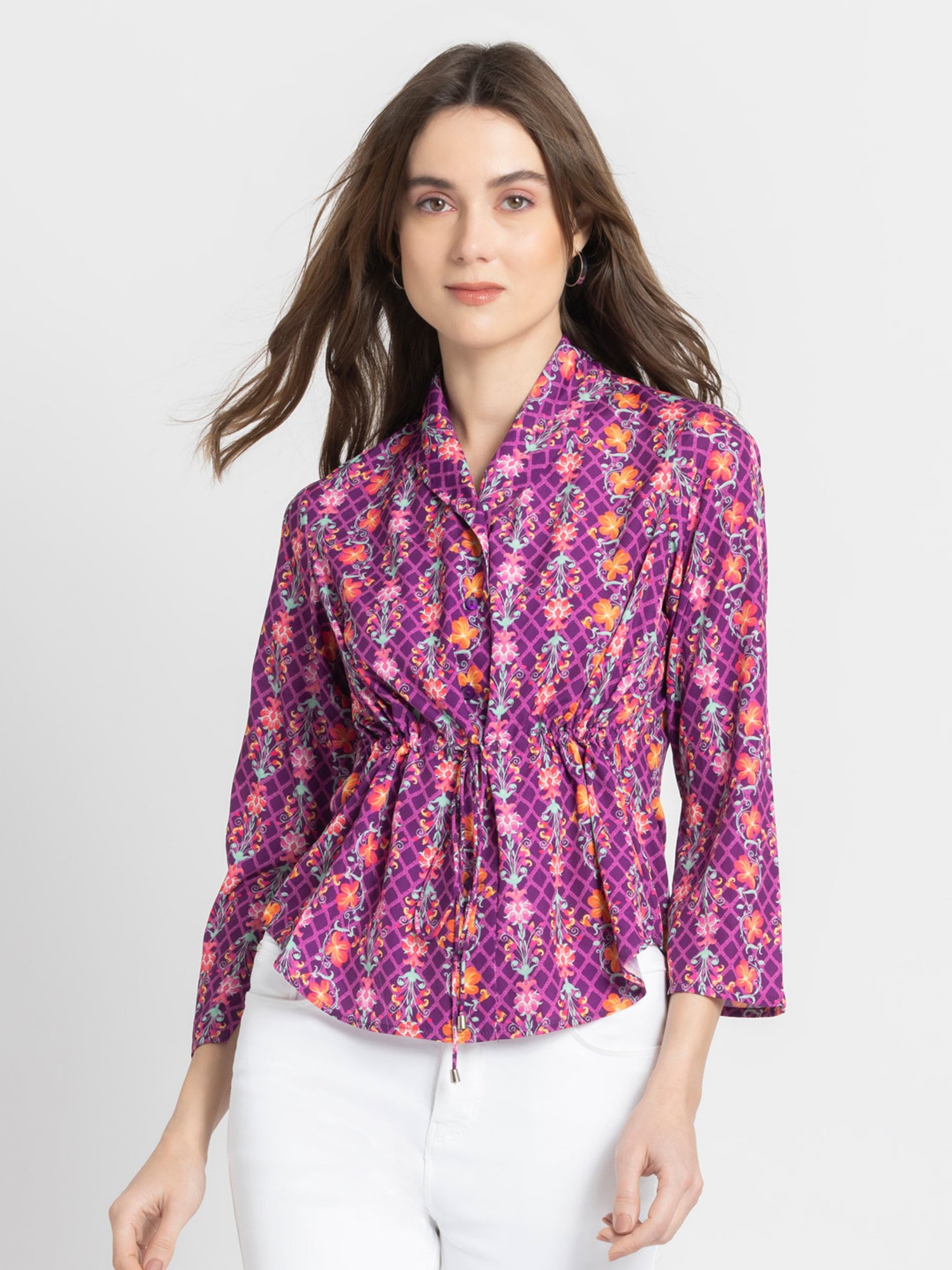 SHAYE Purple & Orange Floral Print Top