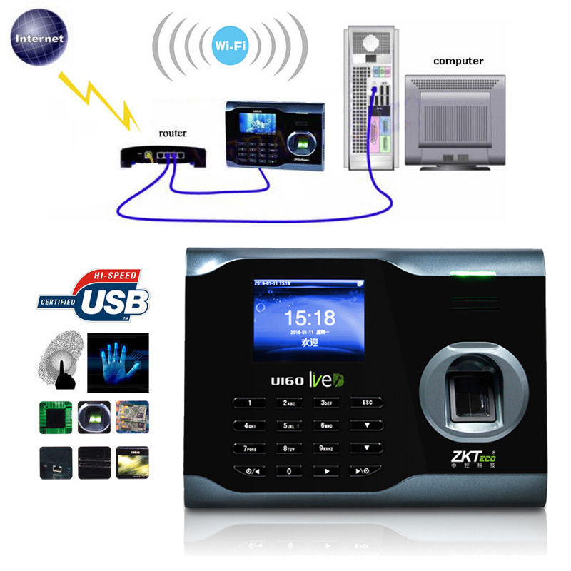 New Zk Bio Office U160 Employee Entry Biometric Fingerprint Time Attendance System Punch Clock 3 Inches Color TFT Screen TCP/IP Ethernet Ports USB-Device RS232/485 Communication, Store 3200 Fi