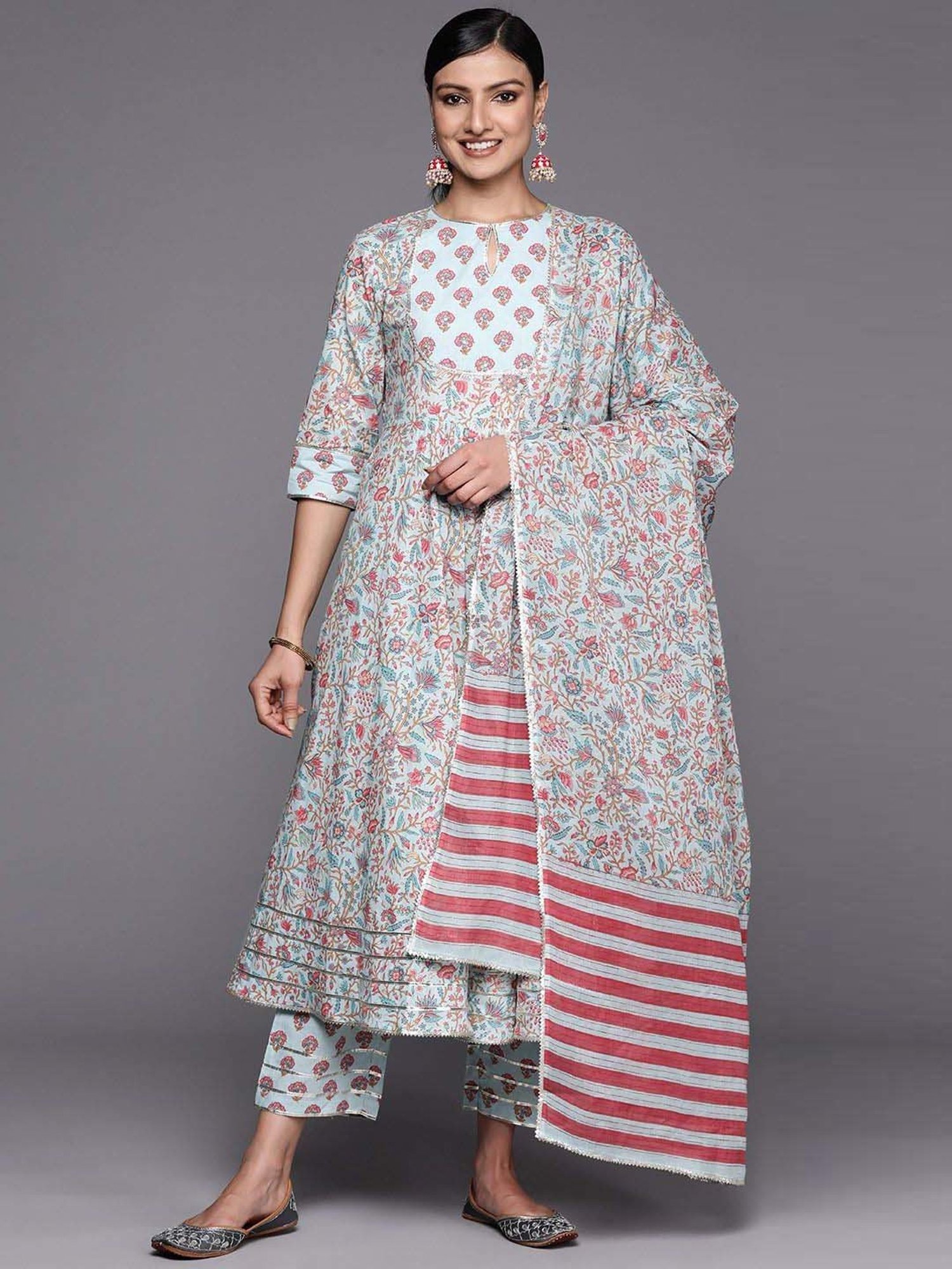 Libas Blue Cotton Printed Kurta Pant Set With Dupatta