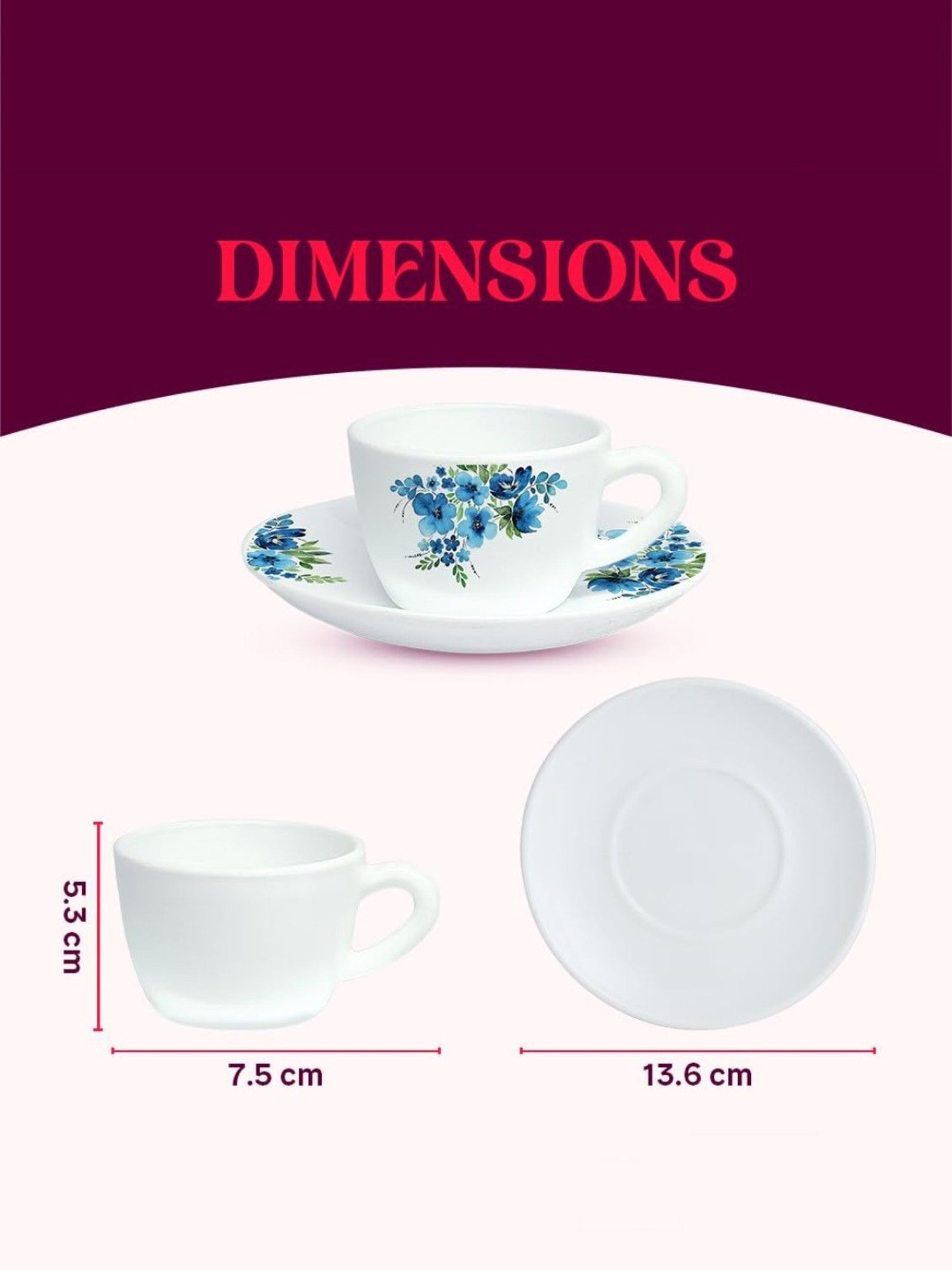 India Circus Floral Blue Bone China Cup Saucer (Set of 8)