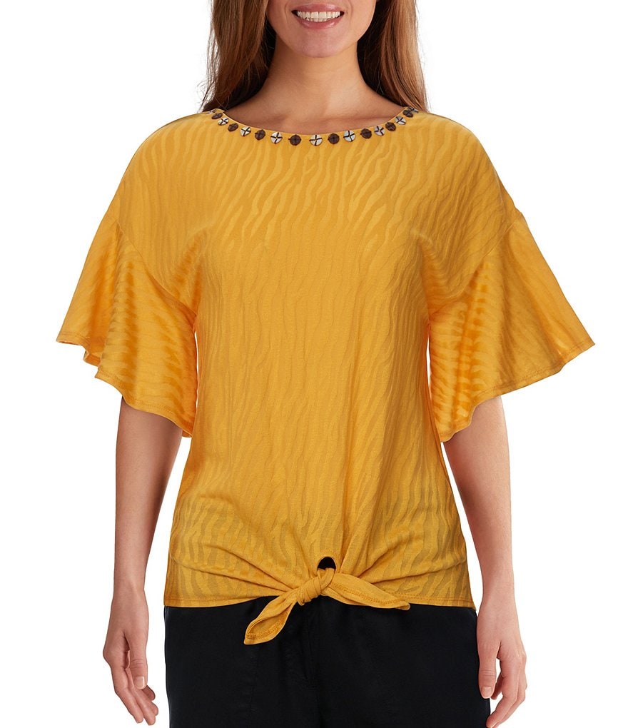 Ruby Rd. Embellished Ballet Neck Zebra Jacquard Knit Flutter Sleeve Tie-Front Top