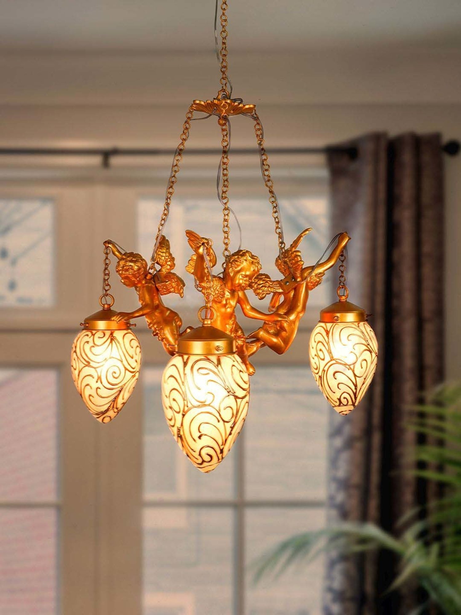 FOS LIGHTING Golden & White Aluminium 3-In-1 Oval Chandelier With Glass Shade