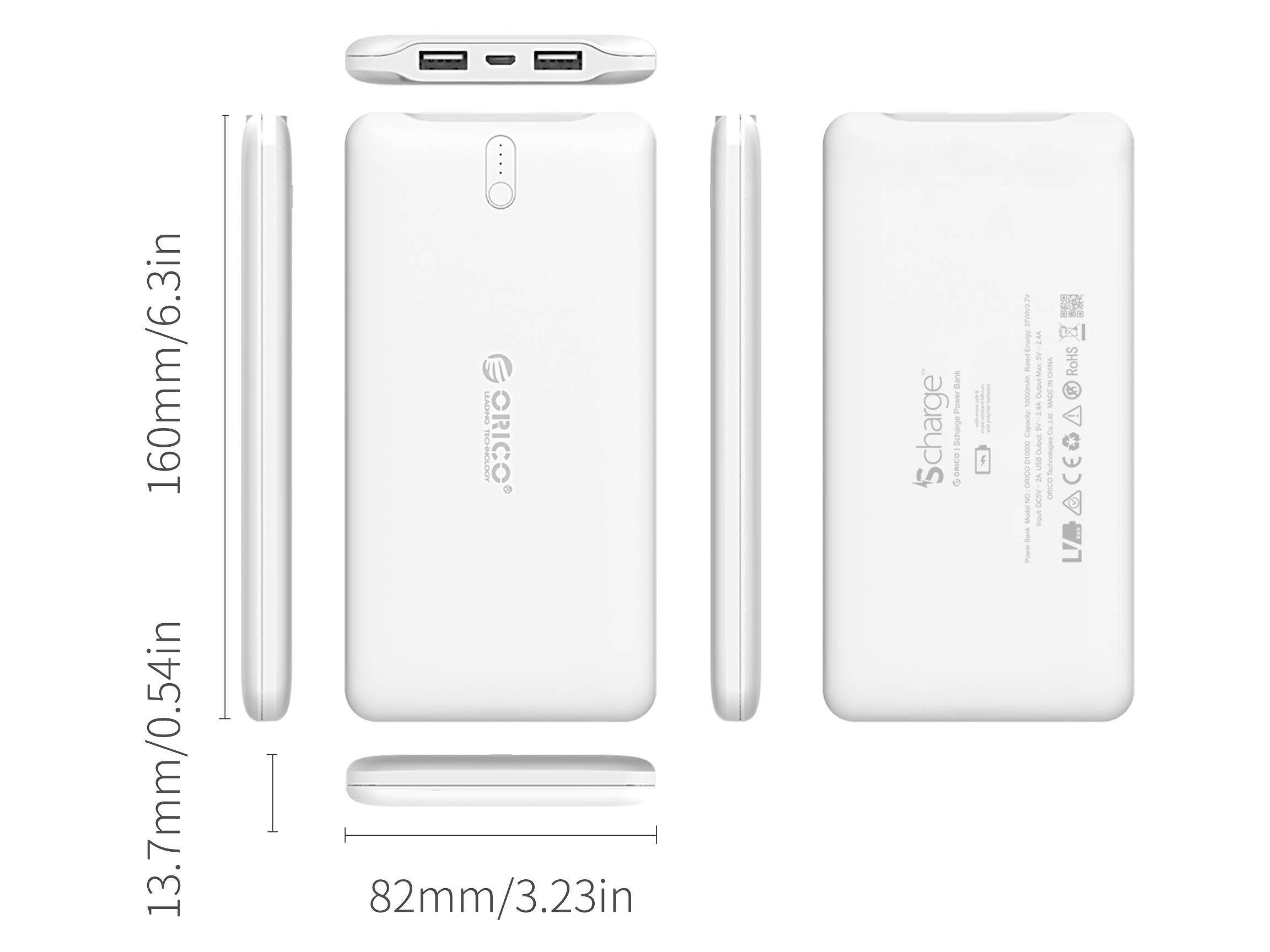 ORICO  Ultra Slim High Capacity Travel Battery Portable 10000mAh Pack Power Bank Dual USB 5V2.4A Charger with LED Power Indicator
Technology for iPhone, Samsung Galaxy and More -White (D10000)