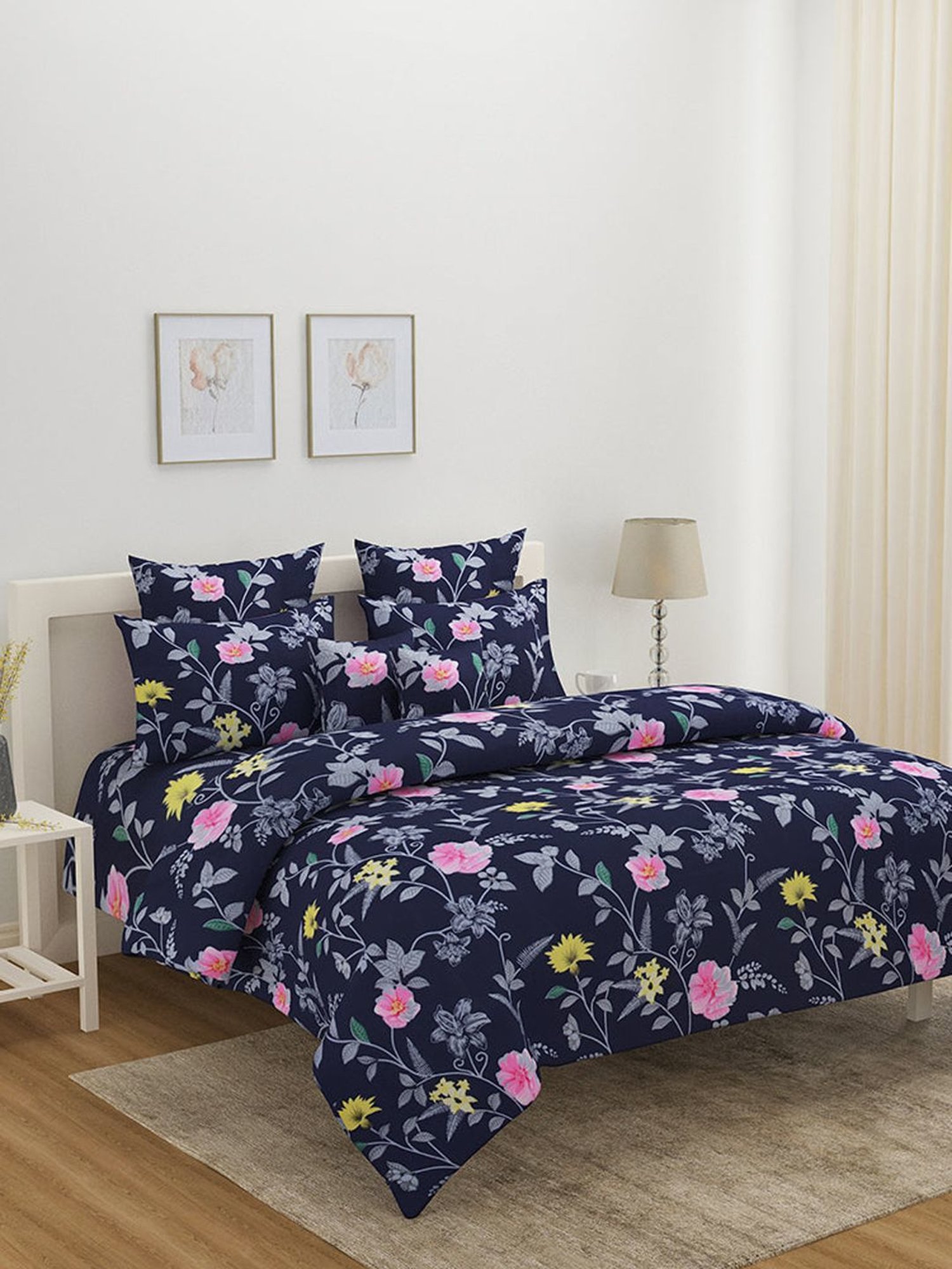 @home Utopia Foliage Floral Grey 110 GSM Cotton Blend Double Bed Sheet with 2 Pillow Covers