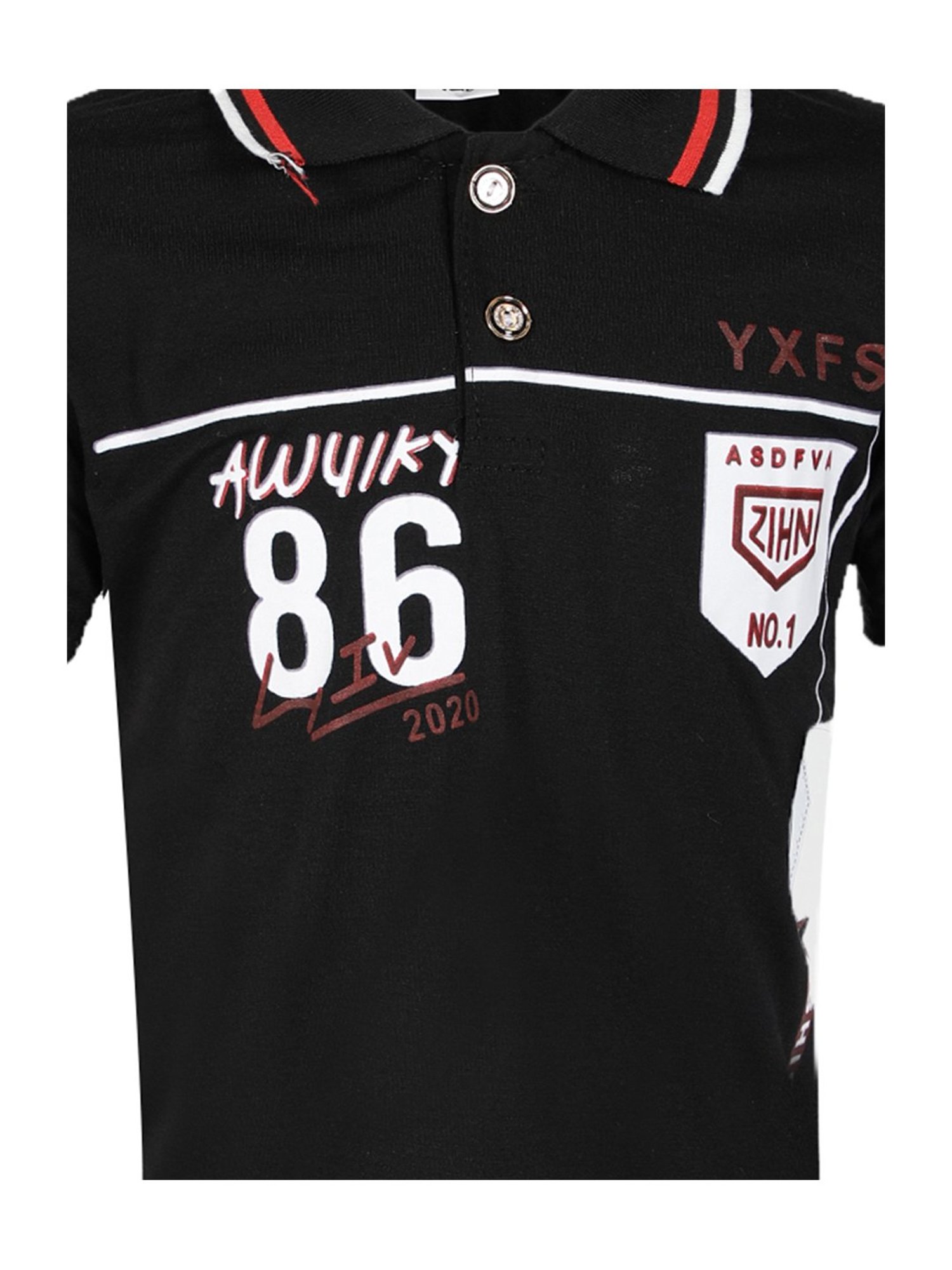 Passion Petals Kids Black Cotton Printed Polo T-Shirt