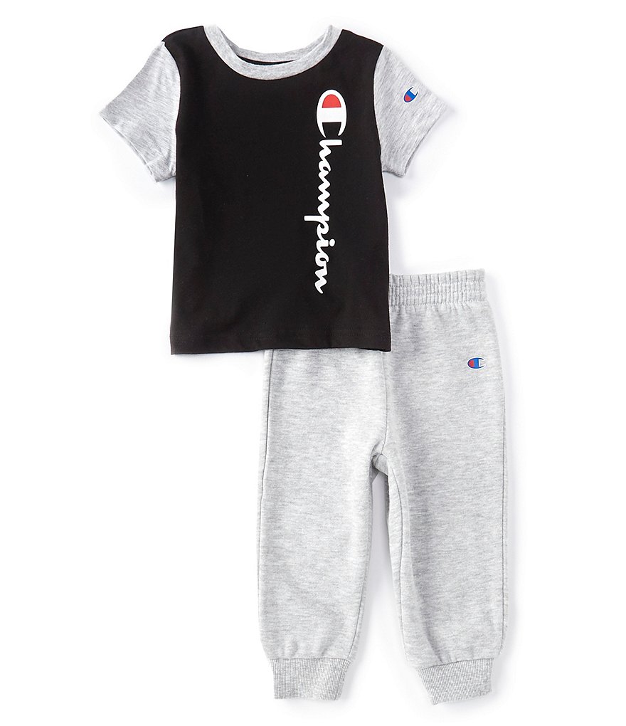 Champion Baby Boys 12-24 Months Short-Sleeve Color Block Signature Logo Jersey Tee & SolidFleece Jogger Pants Set