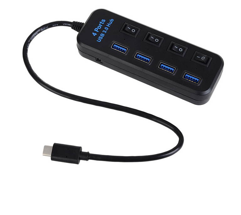 USB Type C to 4-Port 3.0 Hub with Individual Power Switches