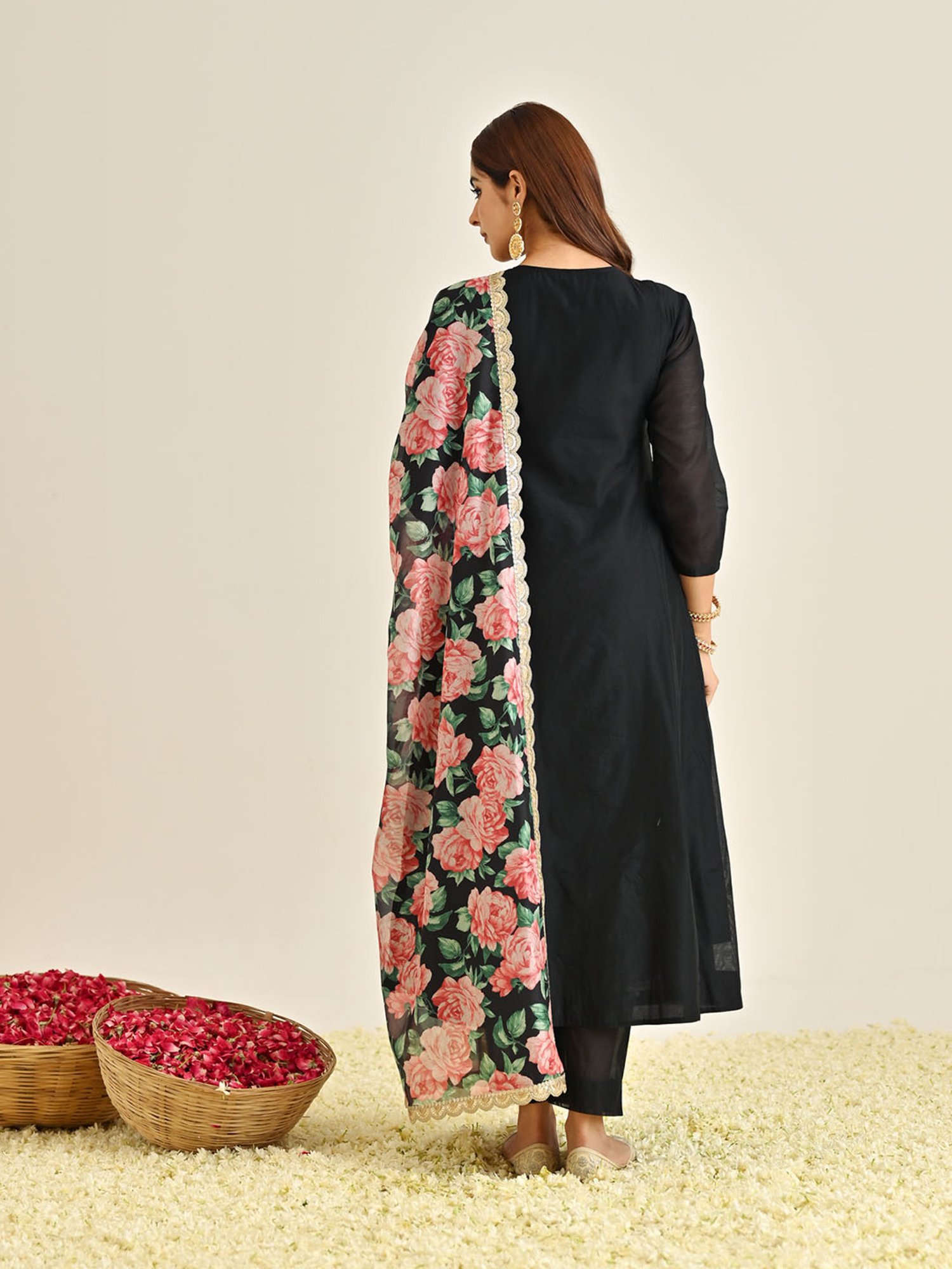 Rustorange Black Embroidered Kurta With Pant & Dupatta