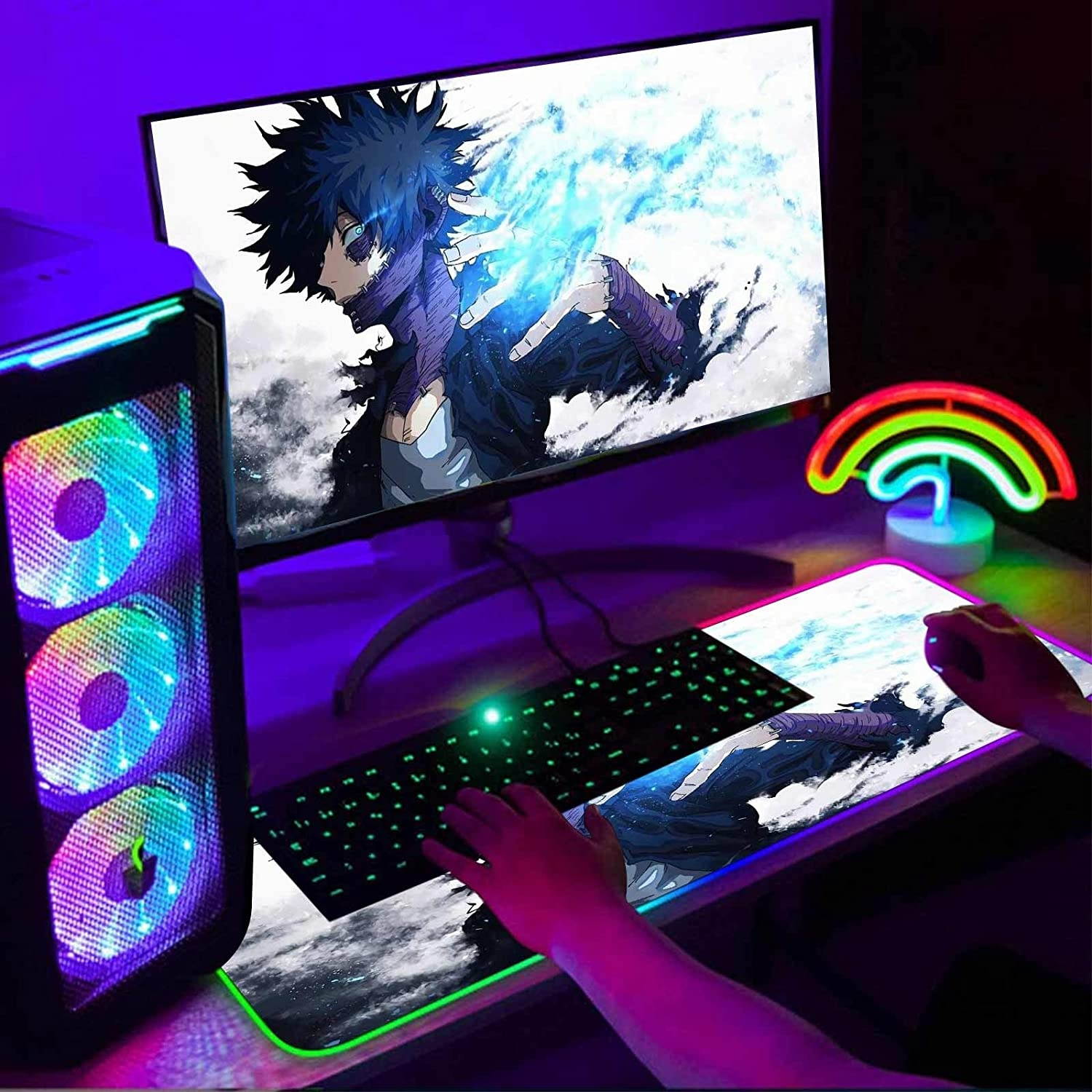 Mouse Pad RGB Anime My Hero Academia Dabi Blue Flame,Mousepad with 12 Lighting Modes & Non-Slip Rubber Base-3Mm Thick-Laptop Glowing Desk Pad-Computer Keyboard and Mice Combo Pads Mat 23.6X13.8