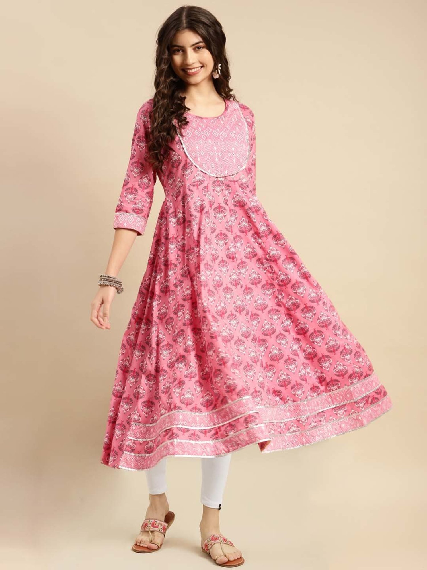 Rangita Pink & White Cotton Printed Kurta Leggings Set