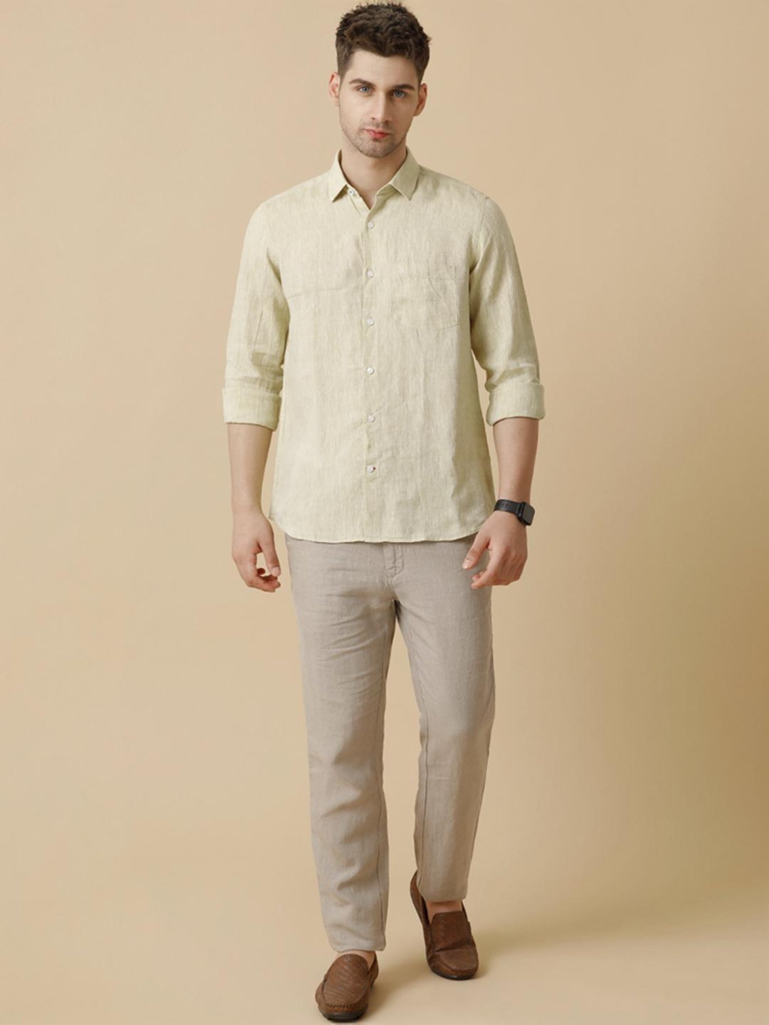 Linen Club Yellow Linen Contemporary Fit Shirt