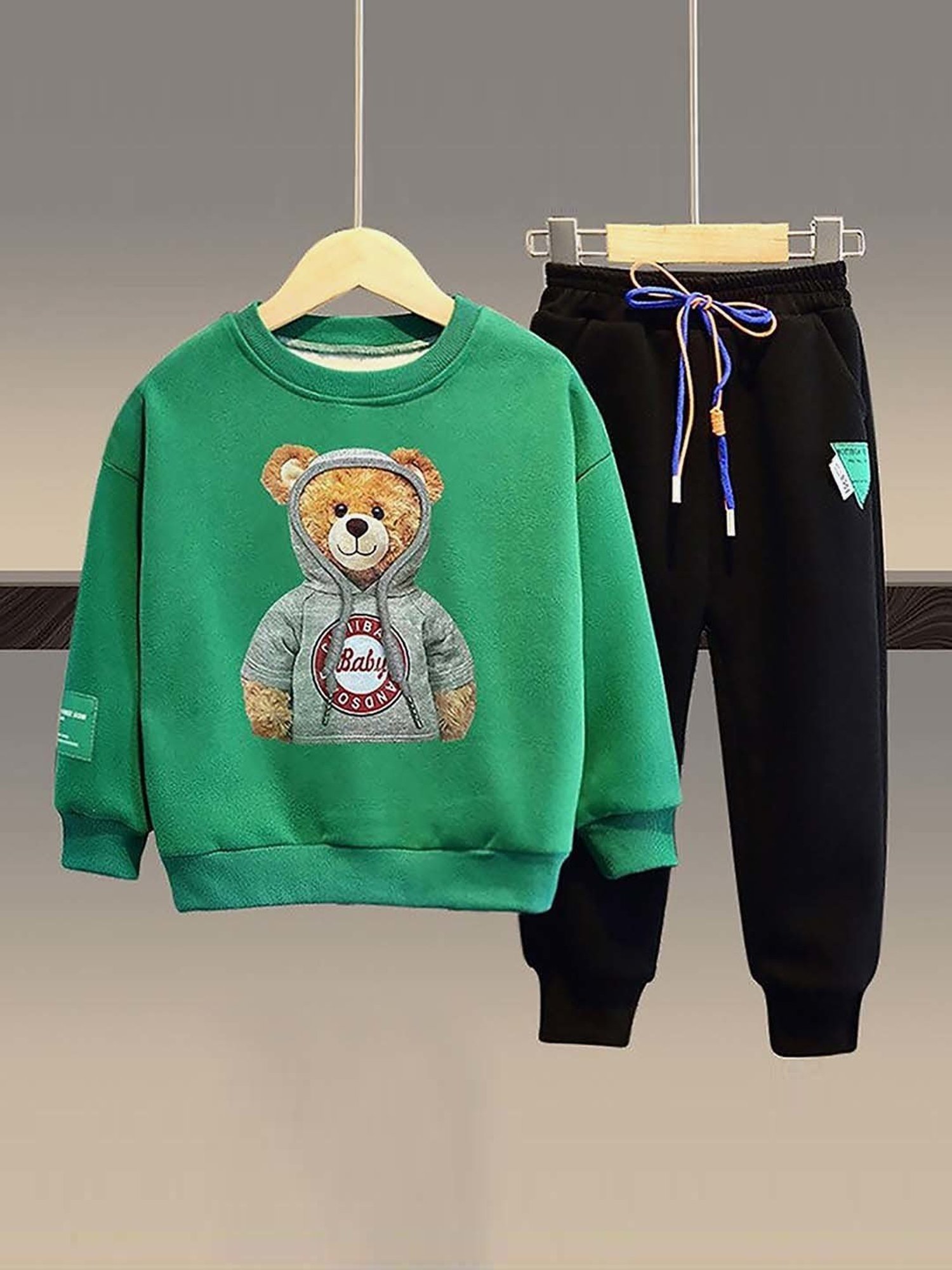 Little Surprise Box Kids Green & Black Applique Full Sleeves Sweatshirt Set