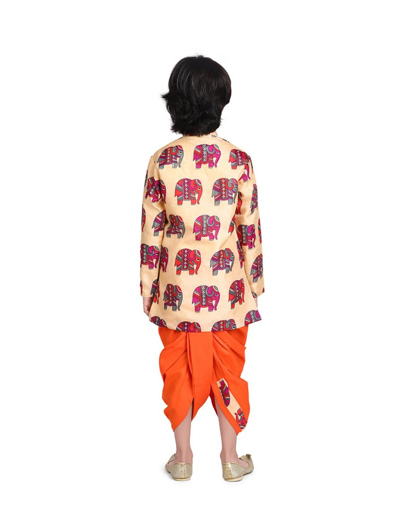 BownBee Kids Orange & Beige Printed  Kurta with Sherwani Dhoti