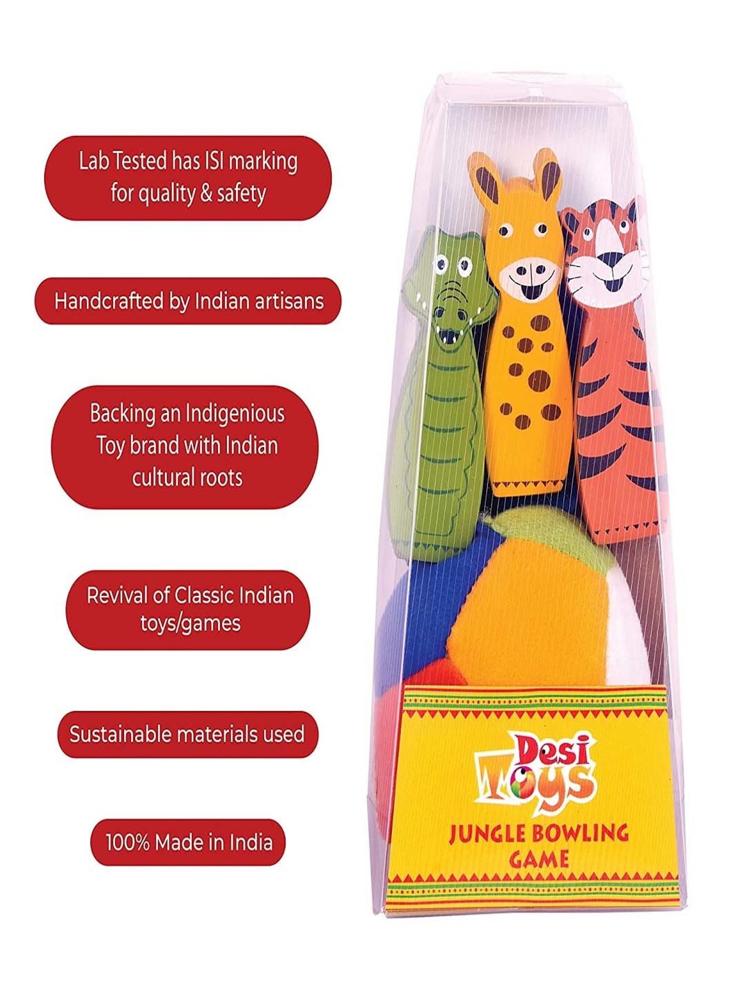 Desi Toys Kids Multicolor Wooden Jungle Bowling Game