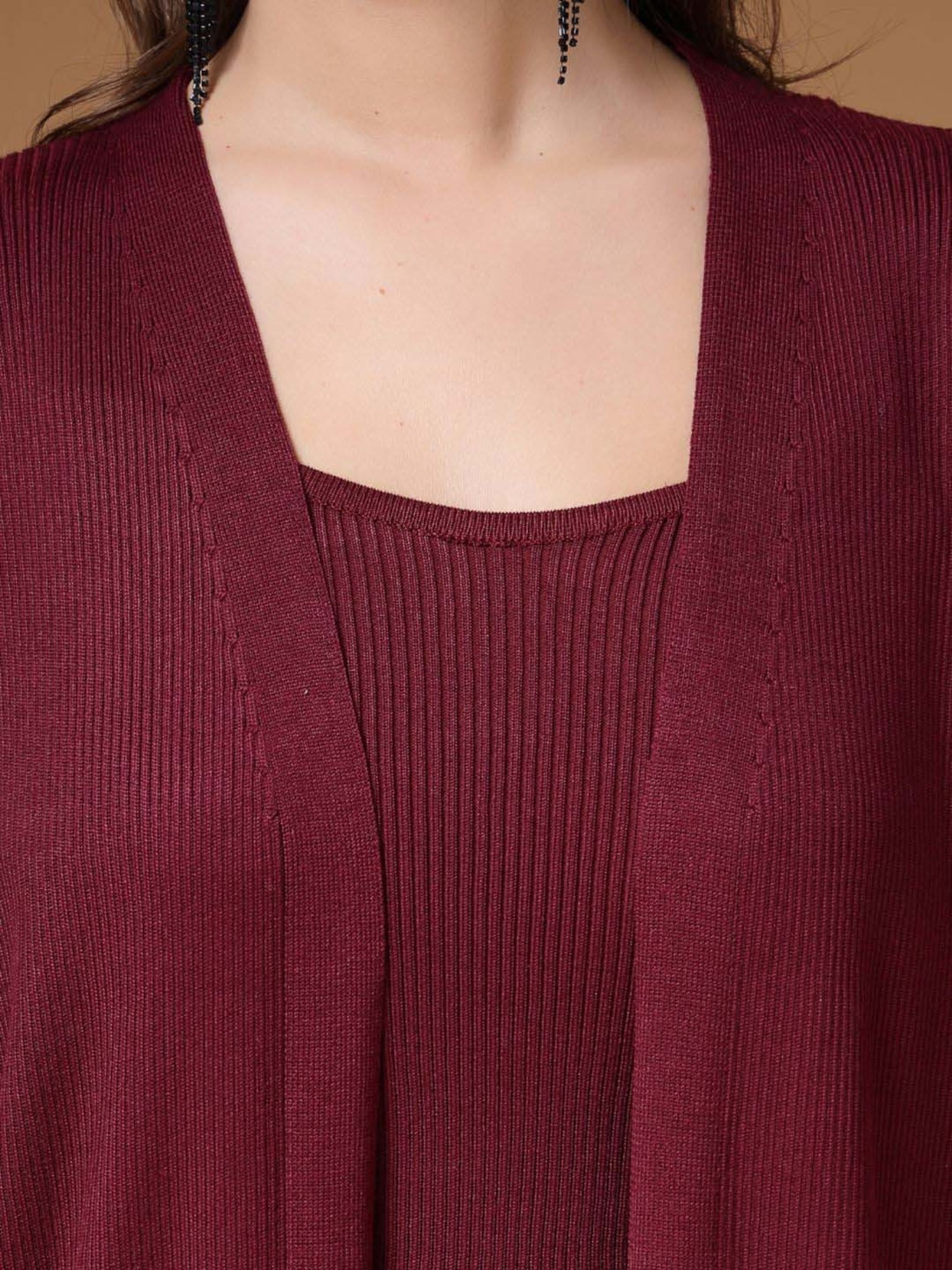 Mafadeny Maroon Plain Top Pants Set With Shrug