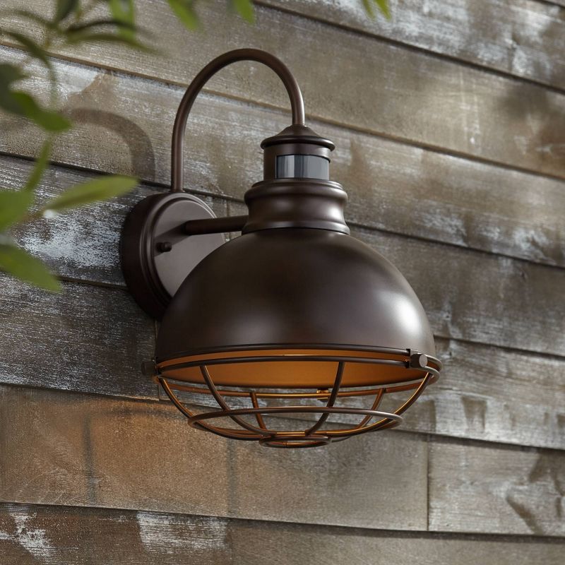 John Timberland Industrial Outdoor Wall Light Fixture Urban Barn Oiled Bronze 14" Round Cage Motion Security Sensor for House Porch Patio