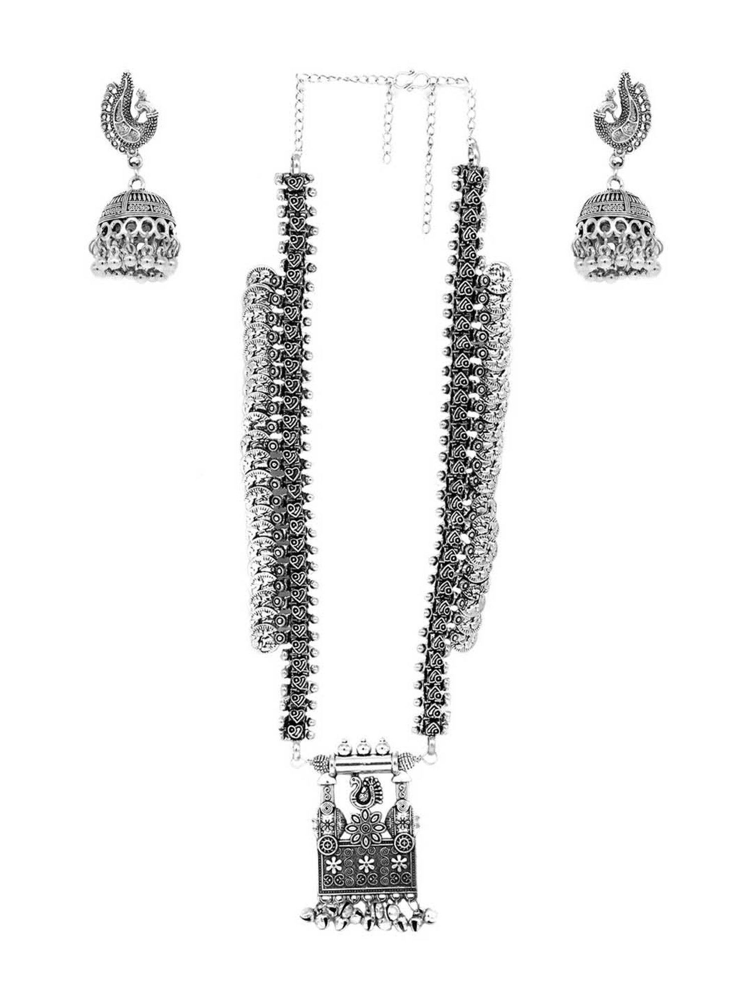 Teejh Ethnic Kaveesha Silver Oxidized Peacock Necklace Set for Women