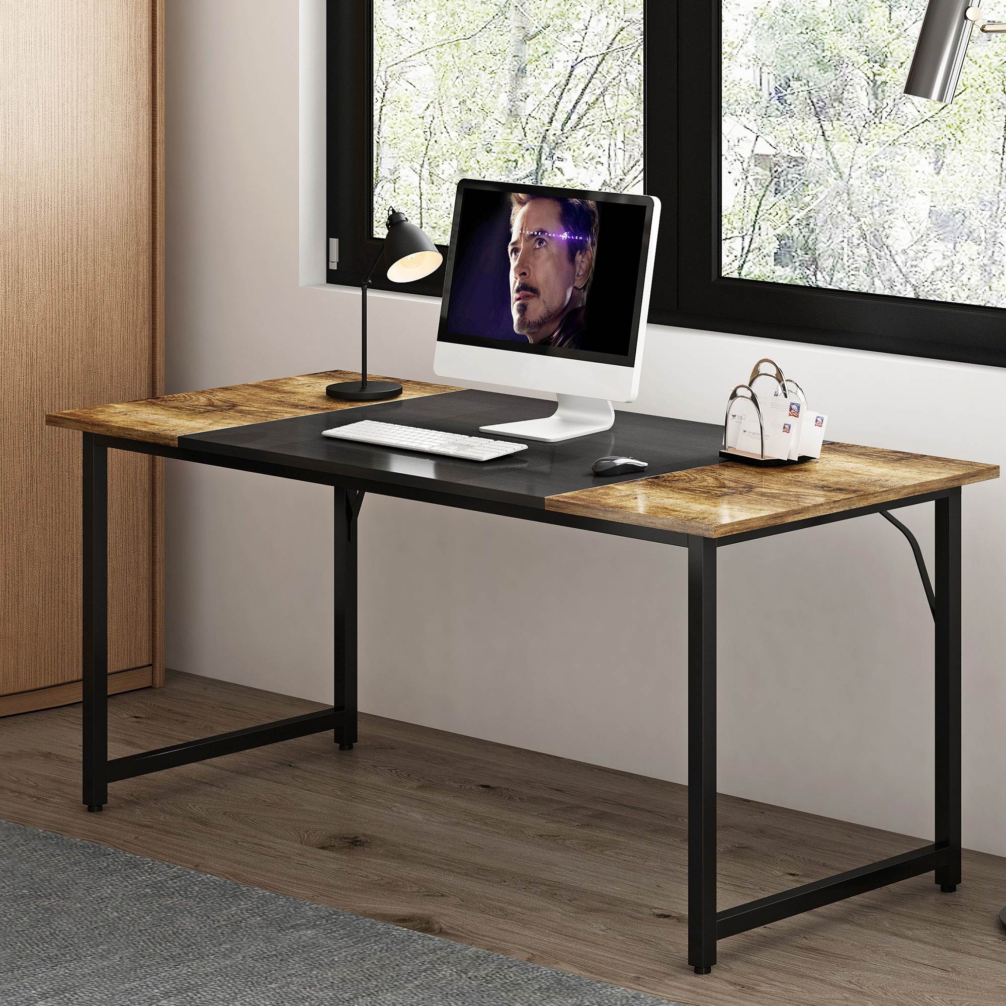 56Inch Computer Desk Home Office Desk Writing Table Study Desk Gaming Desk with A Contrasting Color Splice Board Design , Black Metal Frame