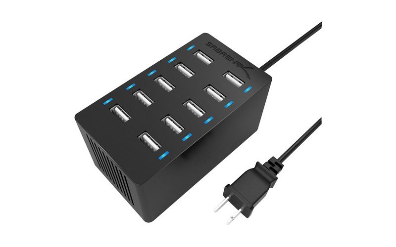 Sabrent 60 Watt (12 Amp) 10-Port Desktop USB Rapid Charger - 120 V AC, 230 V AC Input - 5 V DC/12 A Output