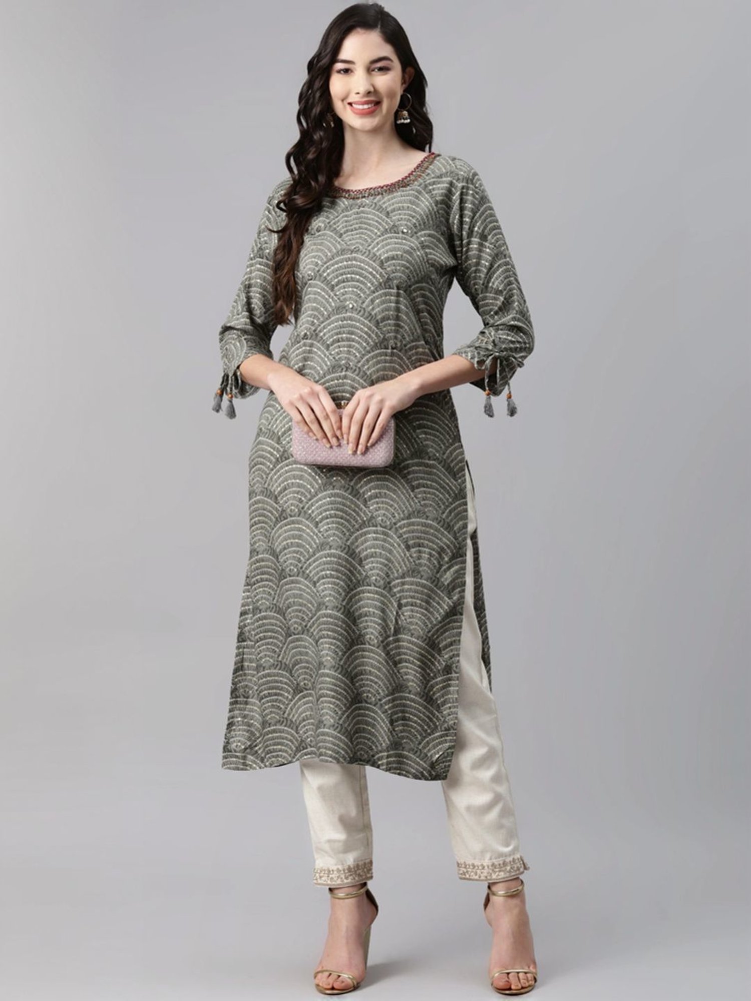 Aarika Grey Cotton Printed Straight Kurta